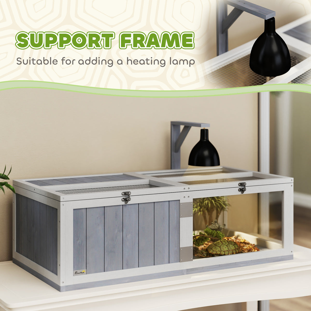 Wooden Tortoise House with Lamp Holder, Observation Window & Openable Tops - Light Grey
