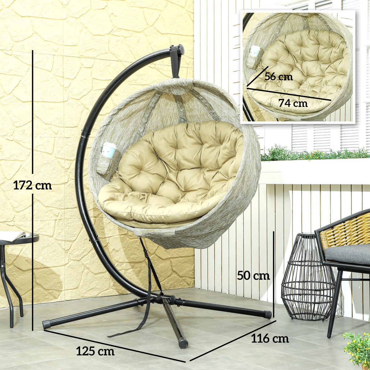 Hanging Egg Swing Chair with Stand and Thick Cushion - Khaki