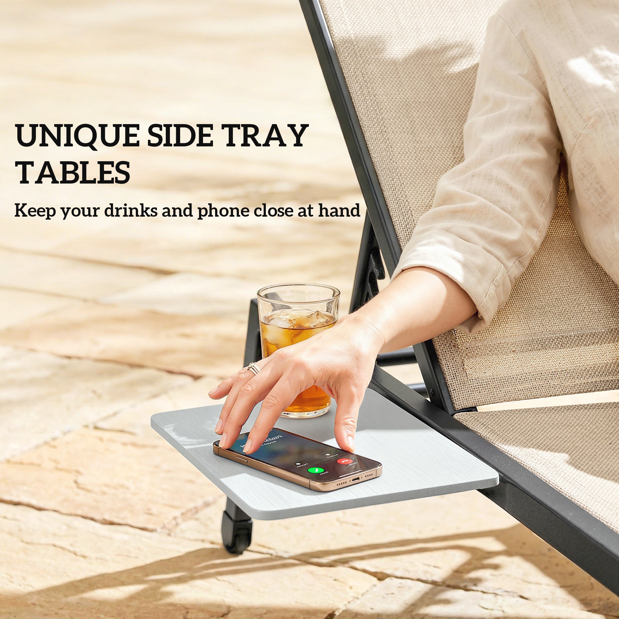 Sun Loungers Set of 2 with Side Tray Table, Garden Recliners with 5-Position Adjustable Backrest, 2 Wheels, Khaki