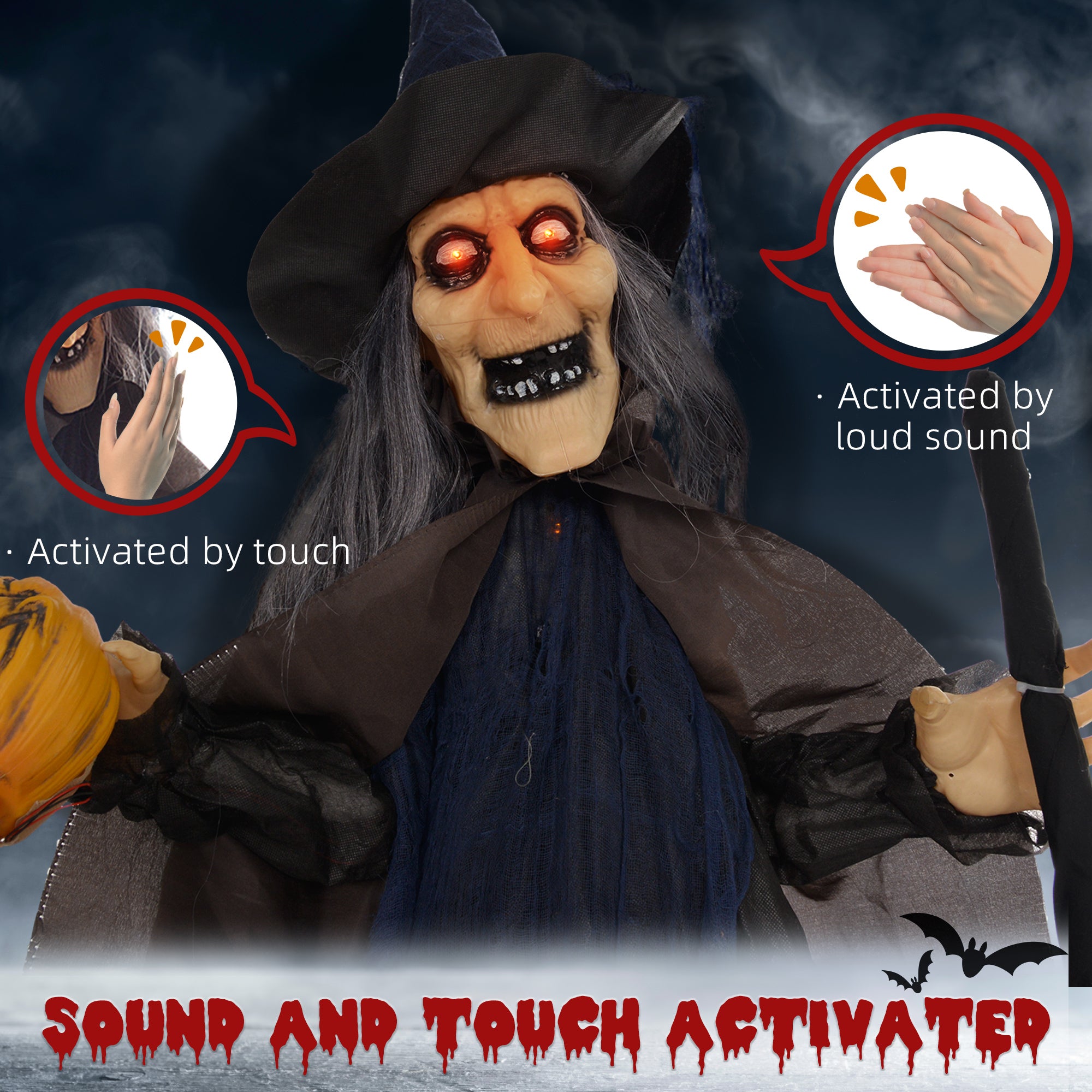 6'2" Witch with Broomstick Halloween Animatronic, with Glowing Eyes