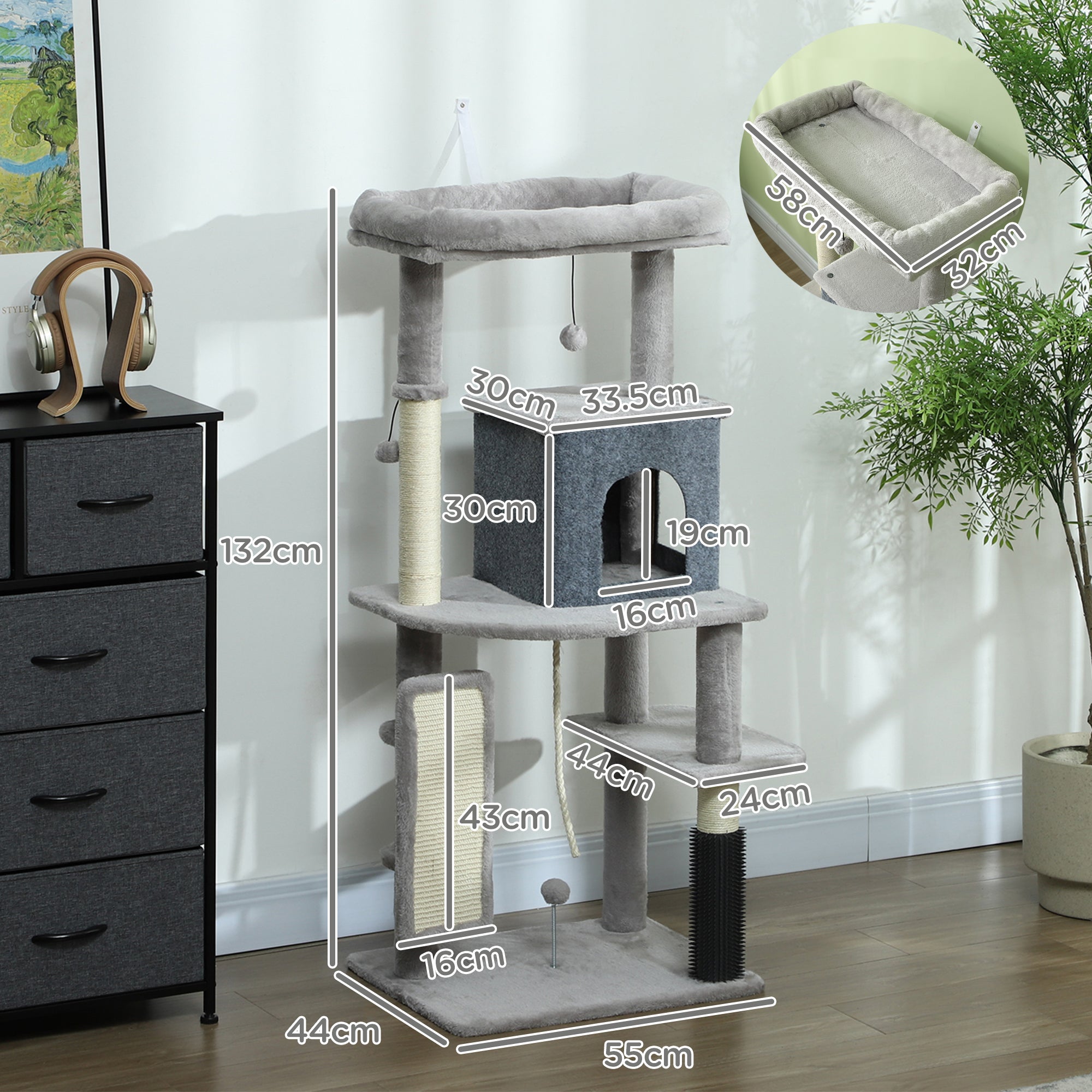 132cm Cat Tree w/ Scratching Posts, Pad, Cat Bed, Cat House, Jumping Platform, Grooming Brush, Anti-Tip Kit, Light Grey