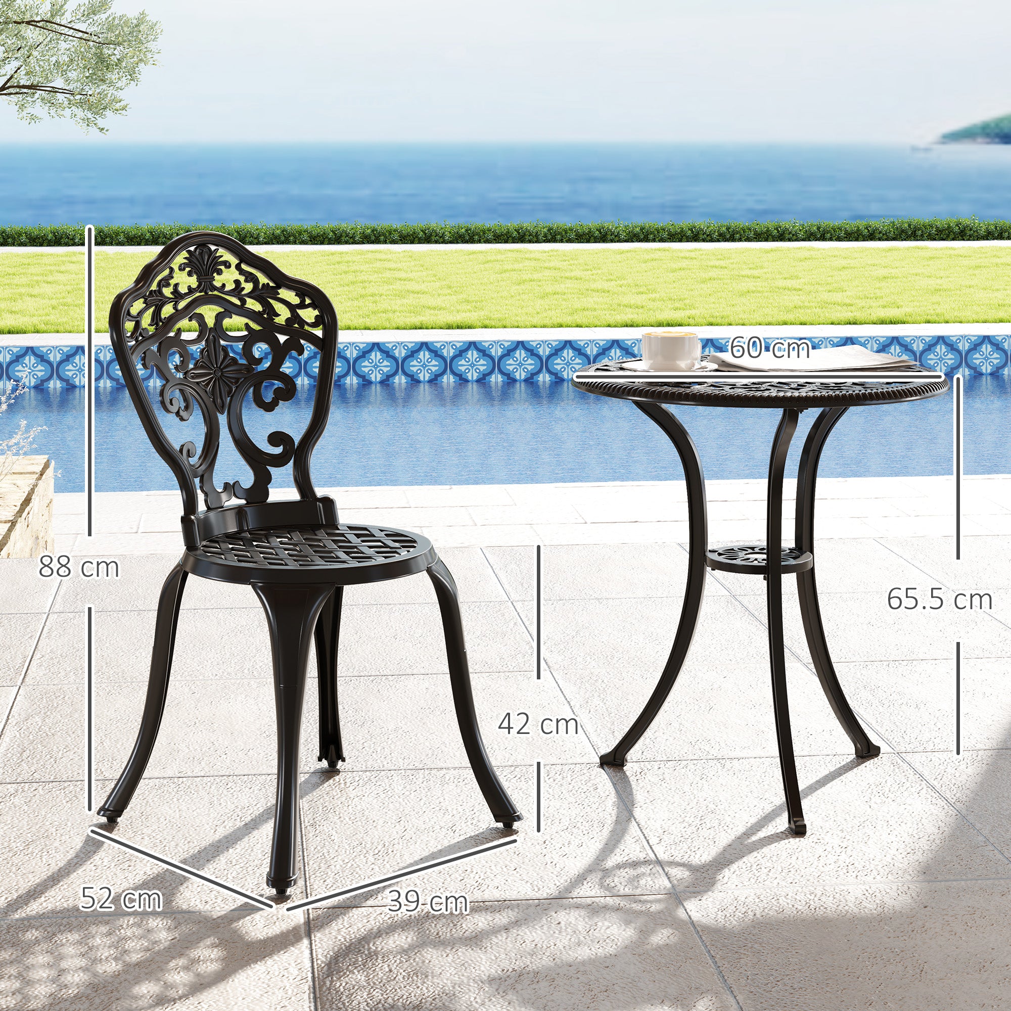 Three-Piece Aluminium Floral Bistro Set - Black