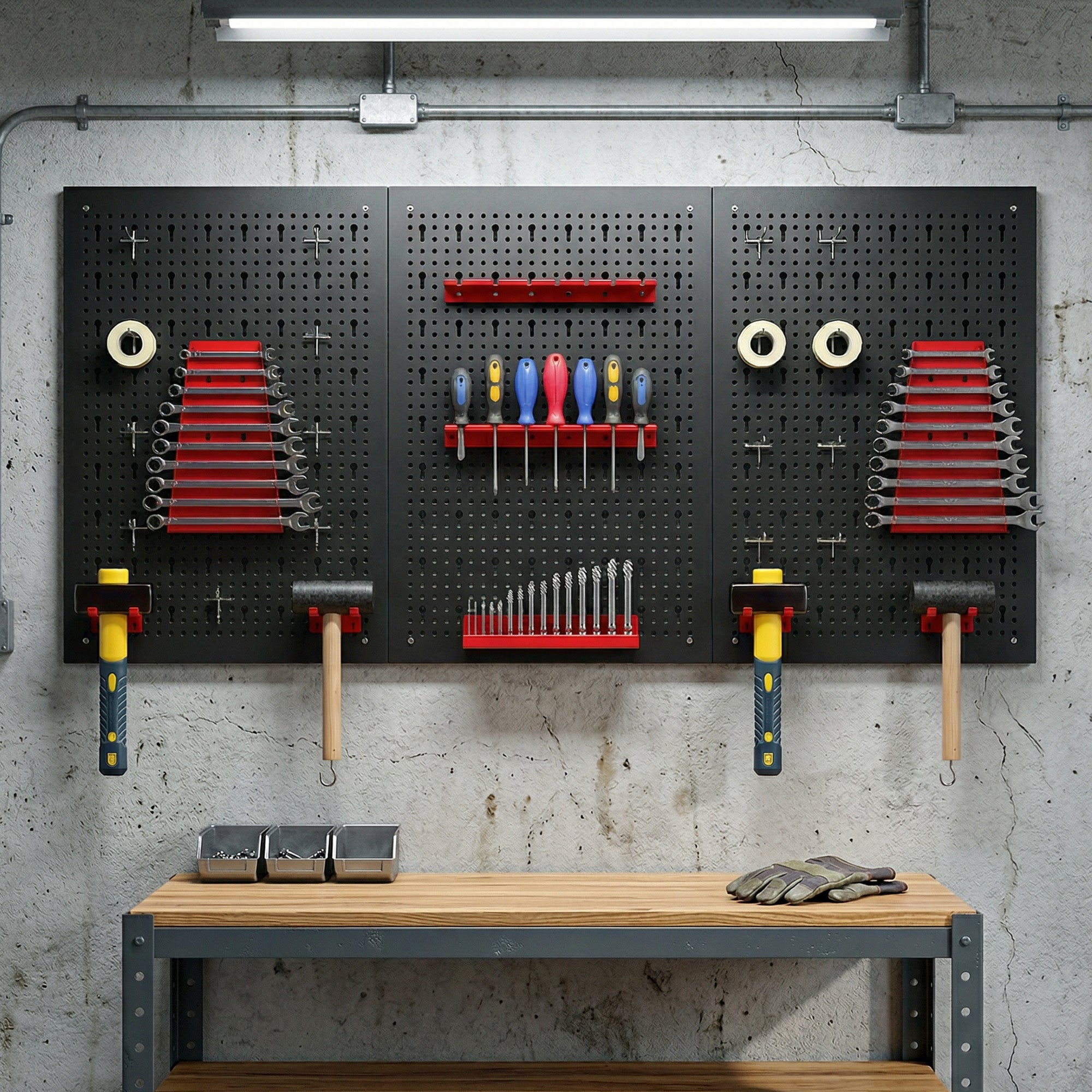 28 Pcs Wall-Mounted Pegboard with 3 Boards, Garage Tool Storage Unit Black and Red