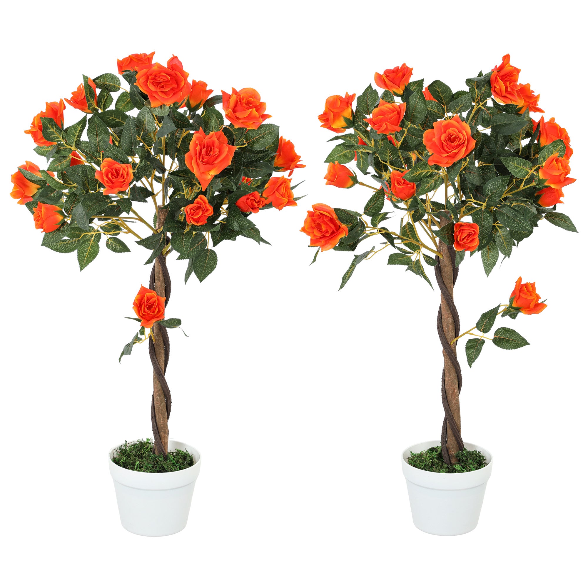 Set of 2 Artificial Plants White Rose Floral in Pot, Fake Plants for Home Indoor Outdoor Decor, 90cm, Orange