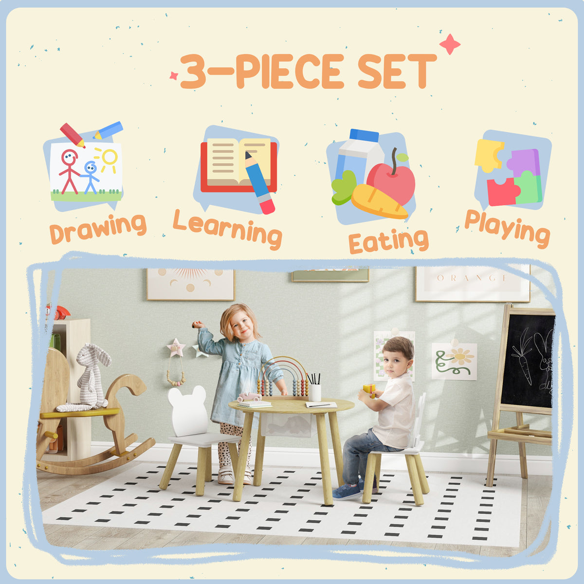 3 Piece Kids Activity Table Set with Mesh Storage and Bear Backrest - Pink