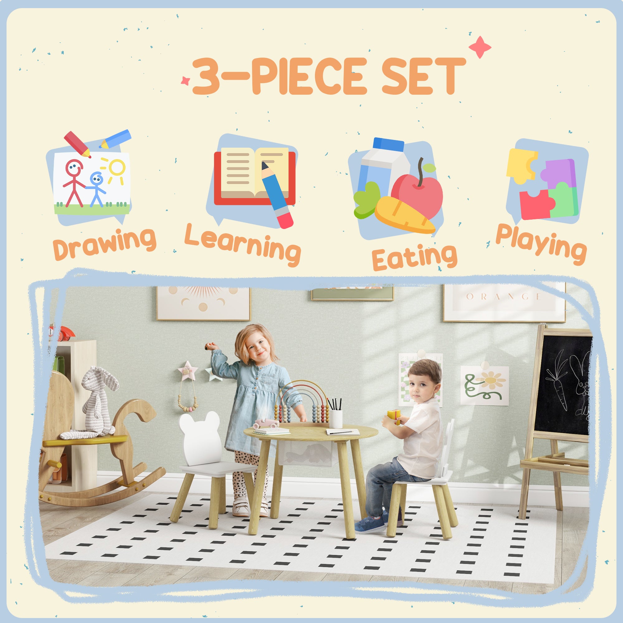 3 Pieces Kids Activity Table Set with Centre Mesh Bag, Bear Shaped Backrest, for Arts, Reading, Dining