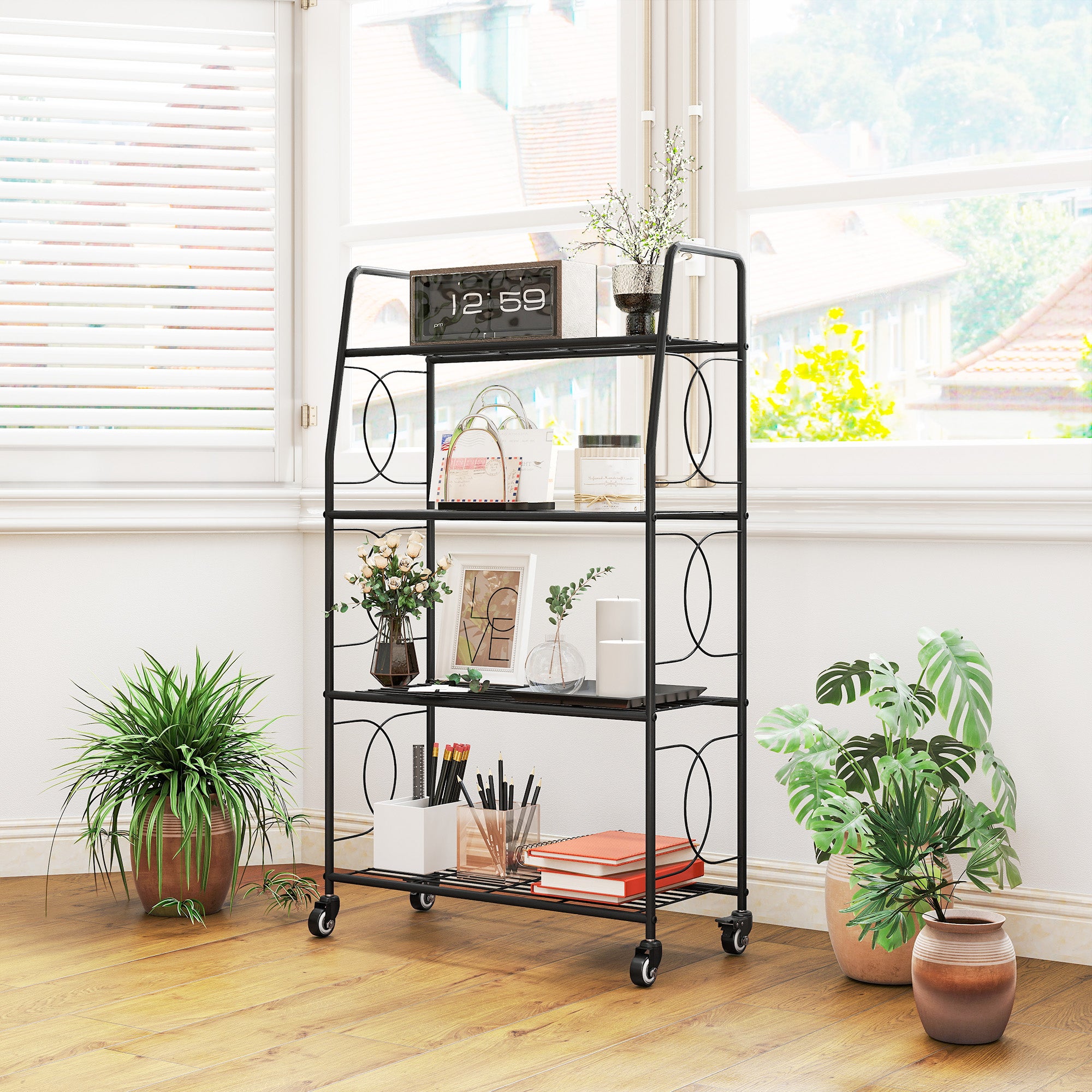 4-Tier Metal Plant Stand, Heavy Duty Ladder Shelf Potted Plants Display Rack with Lockable Wheels