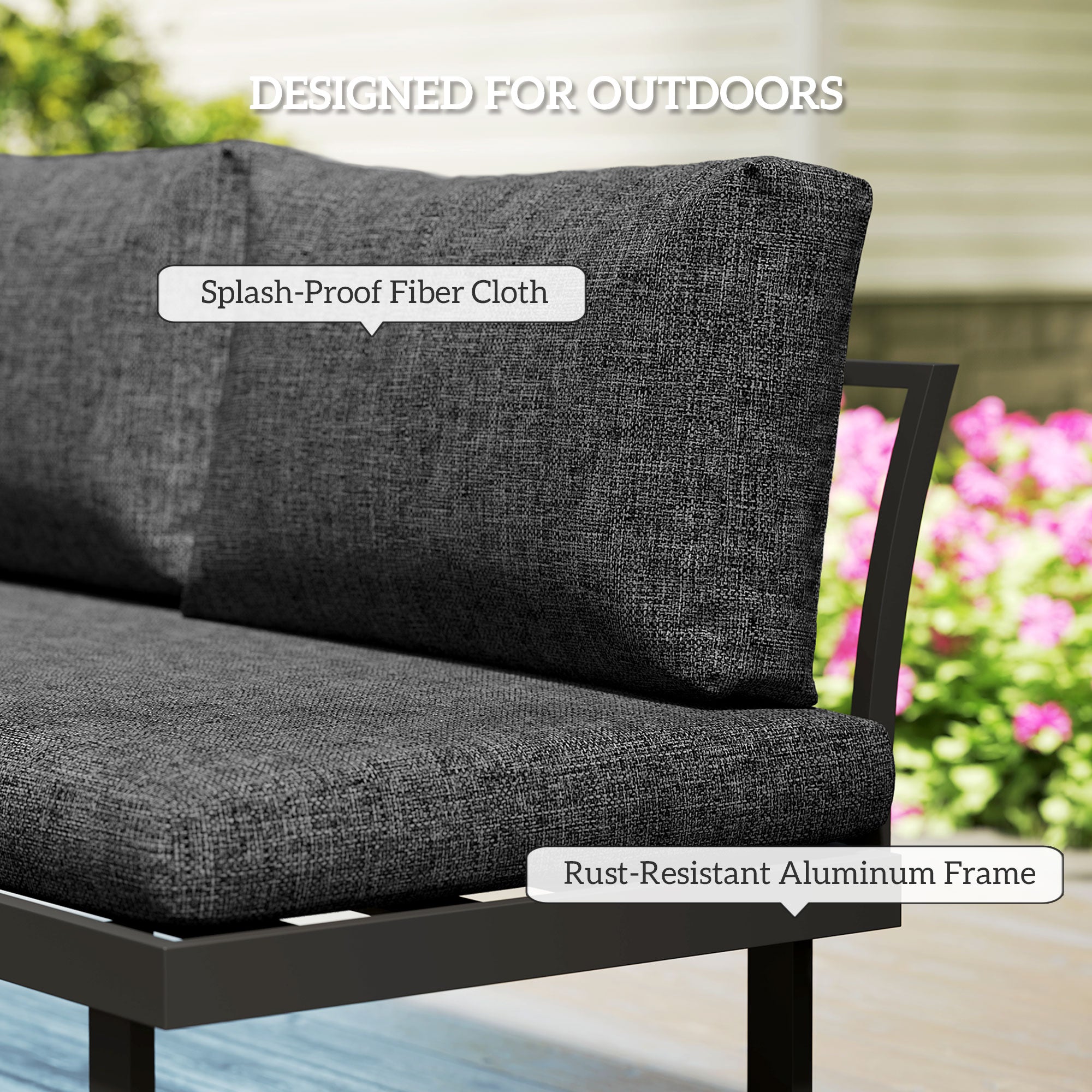 4 Seater L Shaped Aluminium Sectional Garden Furniture Set with 2 Loveseats & Wood-Plastic Coffee Table - Dark Grey