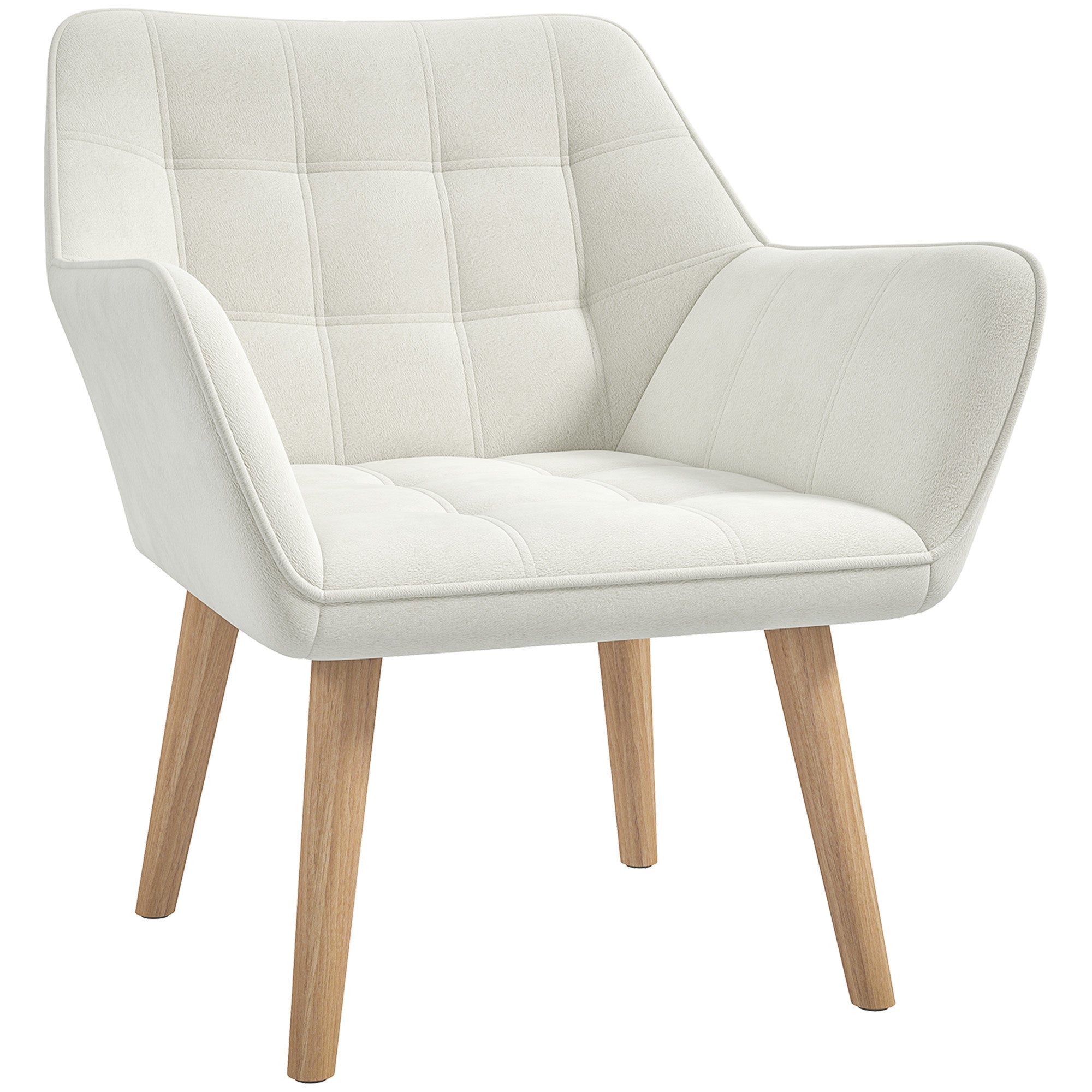 Accent Chair, Arm Chair with Wide Arms, Slanted Back, Thick Padding and Rubber Wooden Legs for Living Room, Cream White