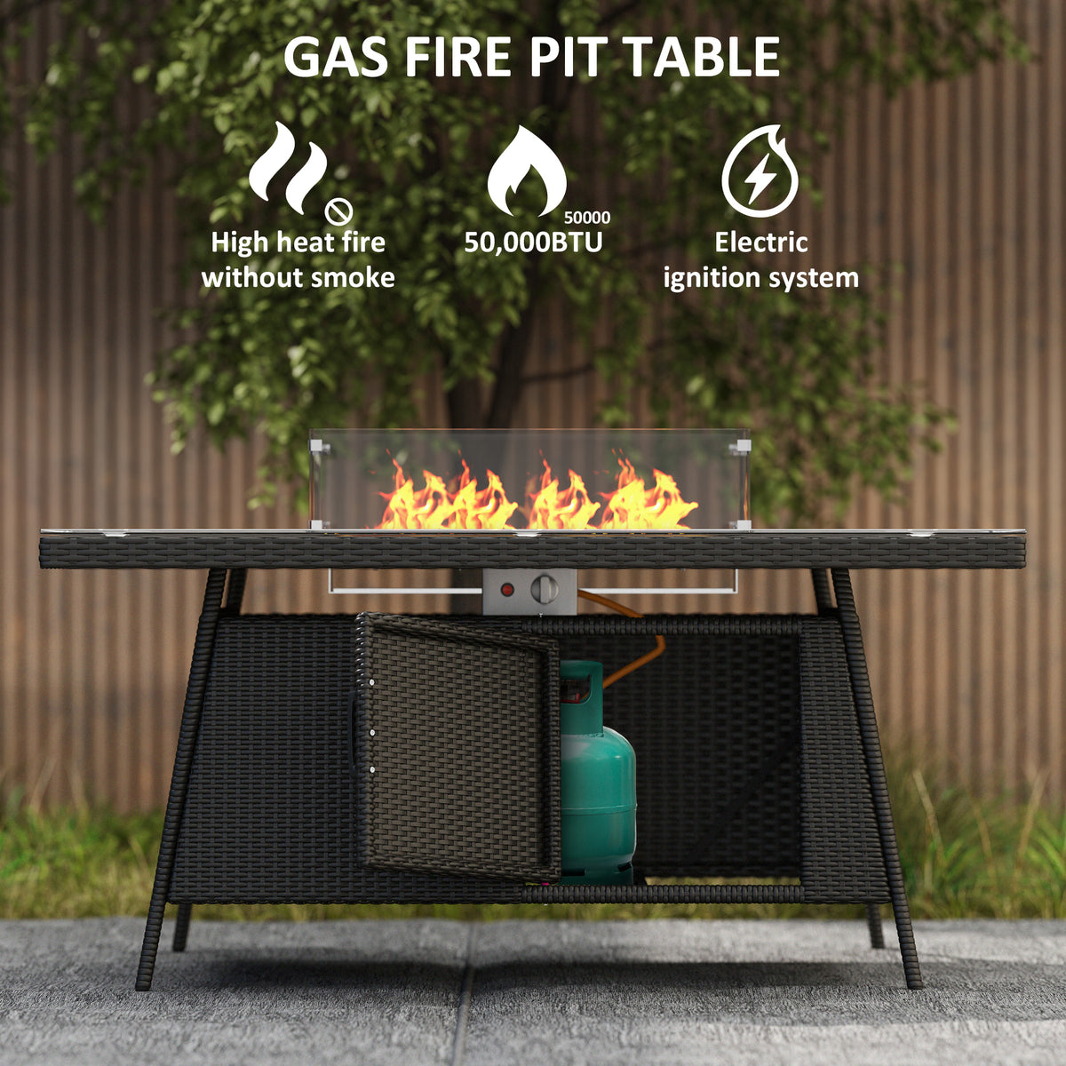 7 Piece Outdoor Rattan Garden Dining Set with 6 Chairs, Fire Pit Table & 50,000 BTU Propane Heater - Black