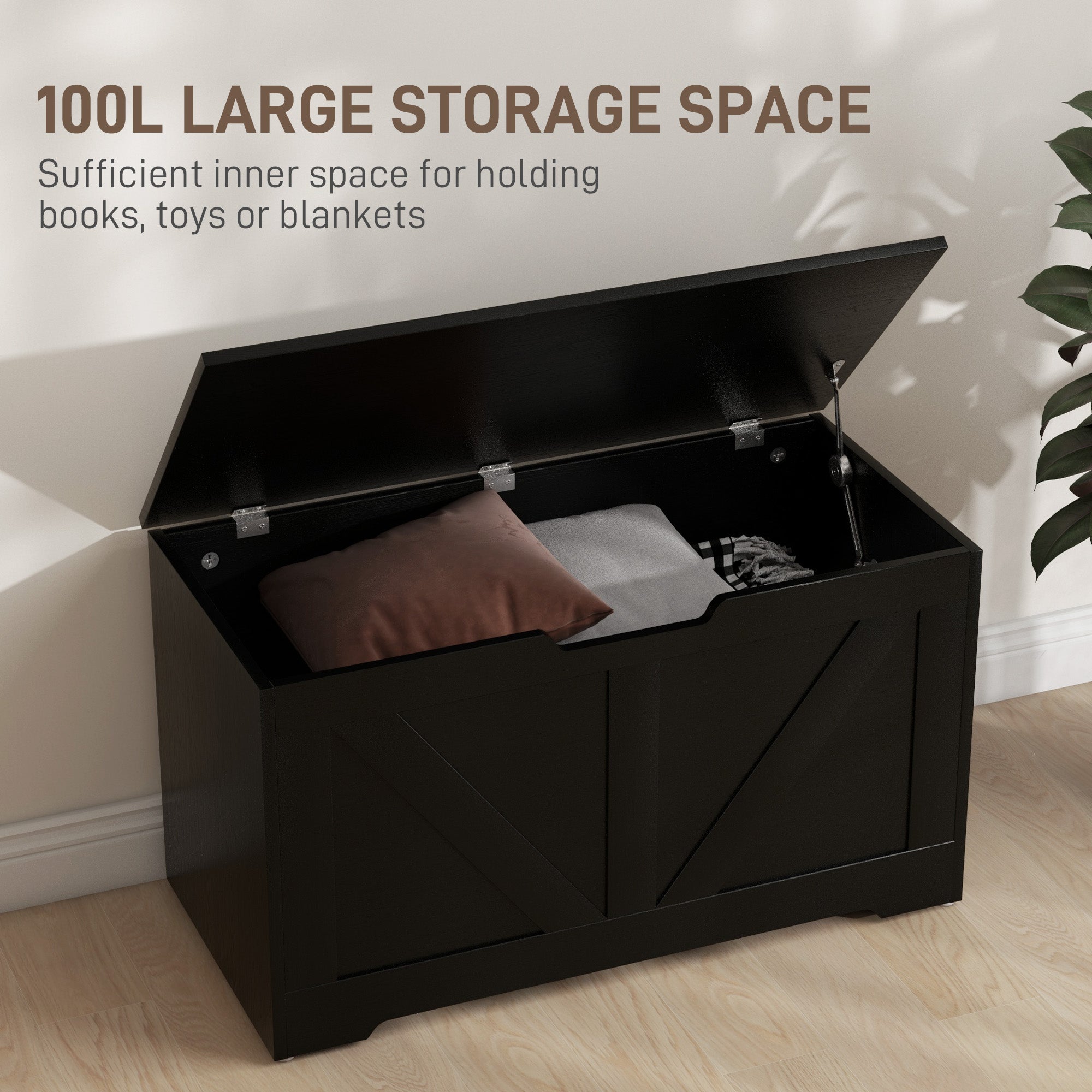 100L Home Storage Box, with Safety Hinges - Black Wood-Effect
