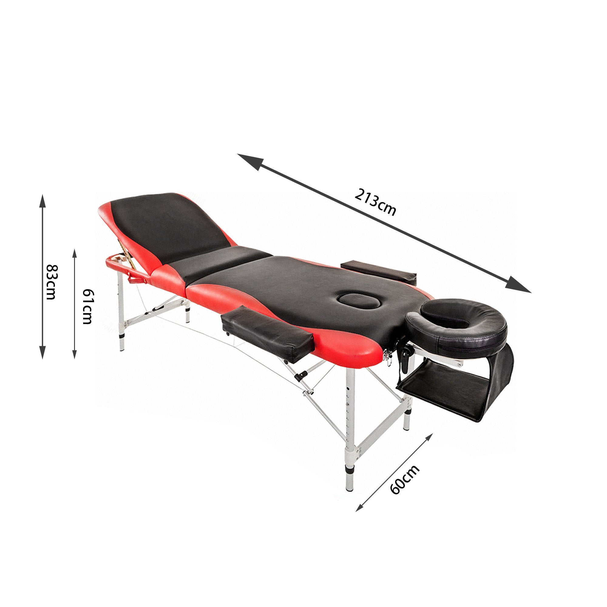 Portable Aluminium Massage Table, 3-Section Foldable Couch Bed with Adjustable Headrest, Arm Support, and Carrying Bag, Black+Red