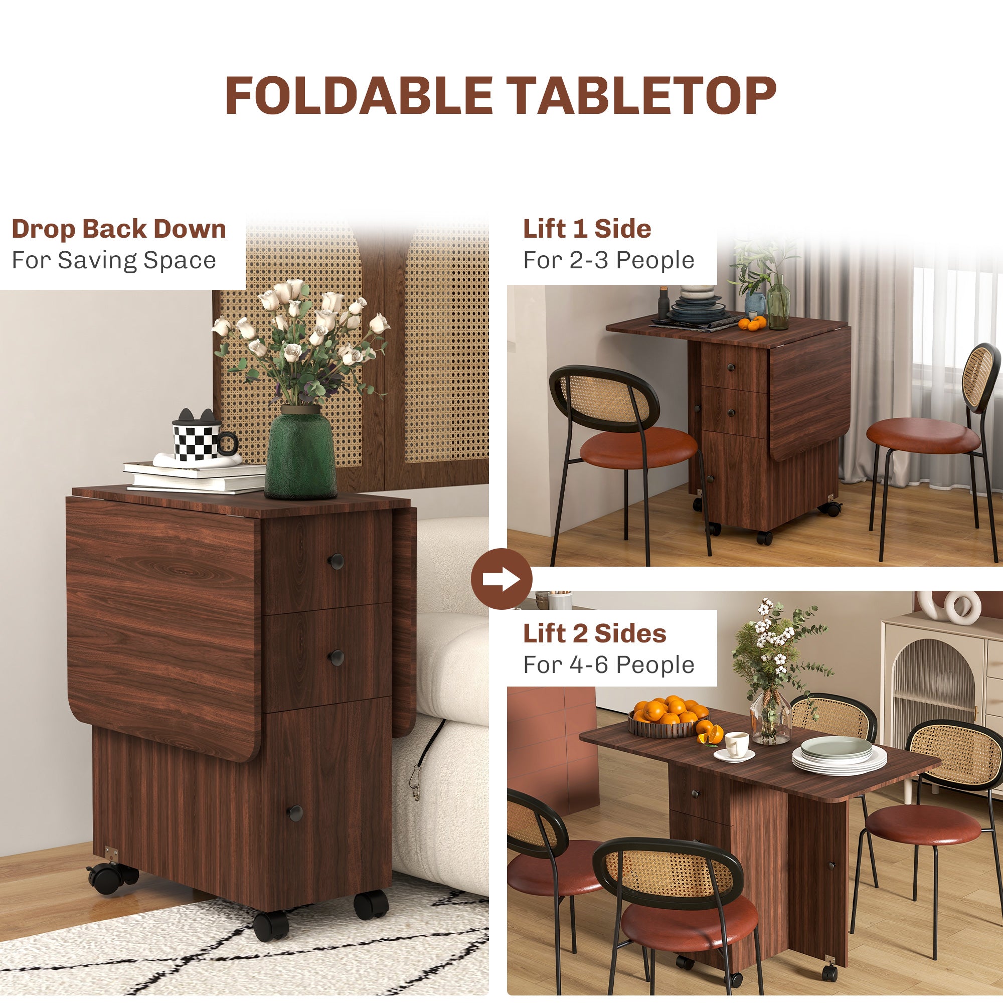 Multi-Storage Six-Person Drop Leaf Dining Table - Distressed Brown
