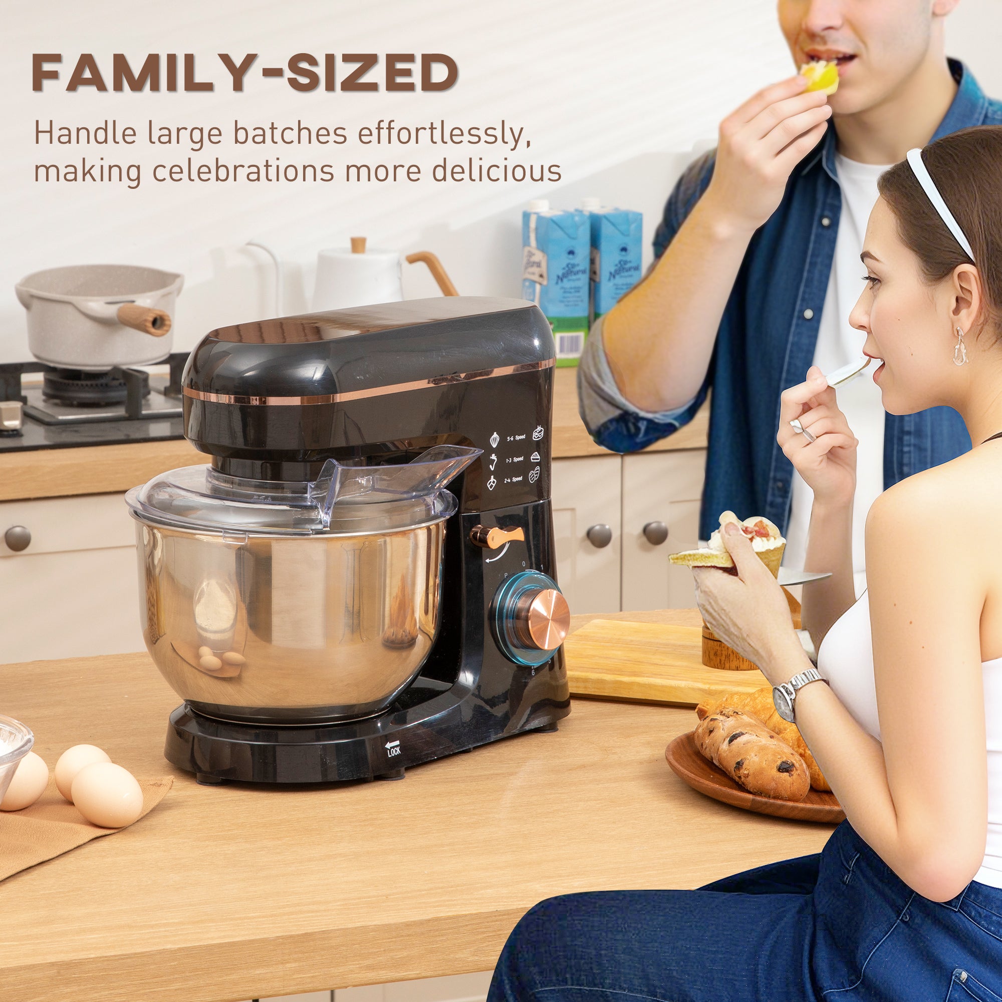 5L Stand Mixer with 1400W Motor, 6 Speeds & Pulse, Dough Hook, Whisk, Beater, Stainless Steel Bowl, Splash Guard - Black