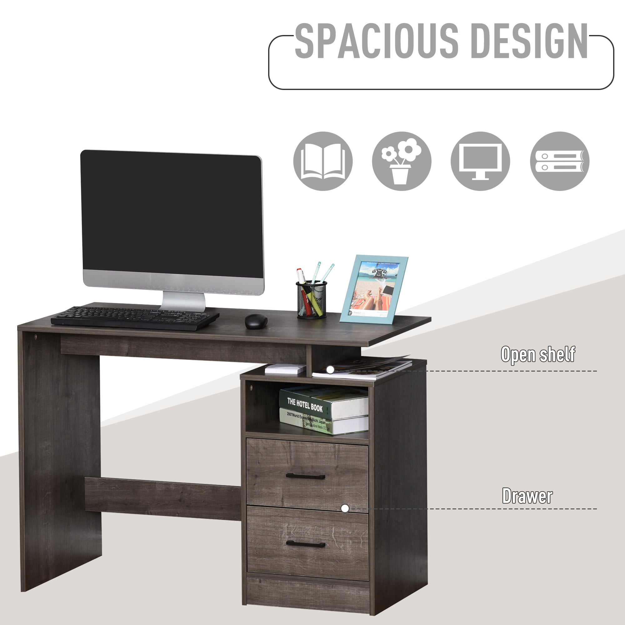 Computer Desk with Drawers and Storage Shelf, 107 x 48cm Writing Desk for Home Office, Study Workstation, Grey