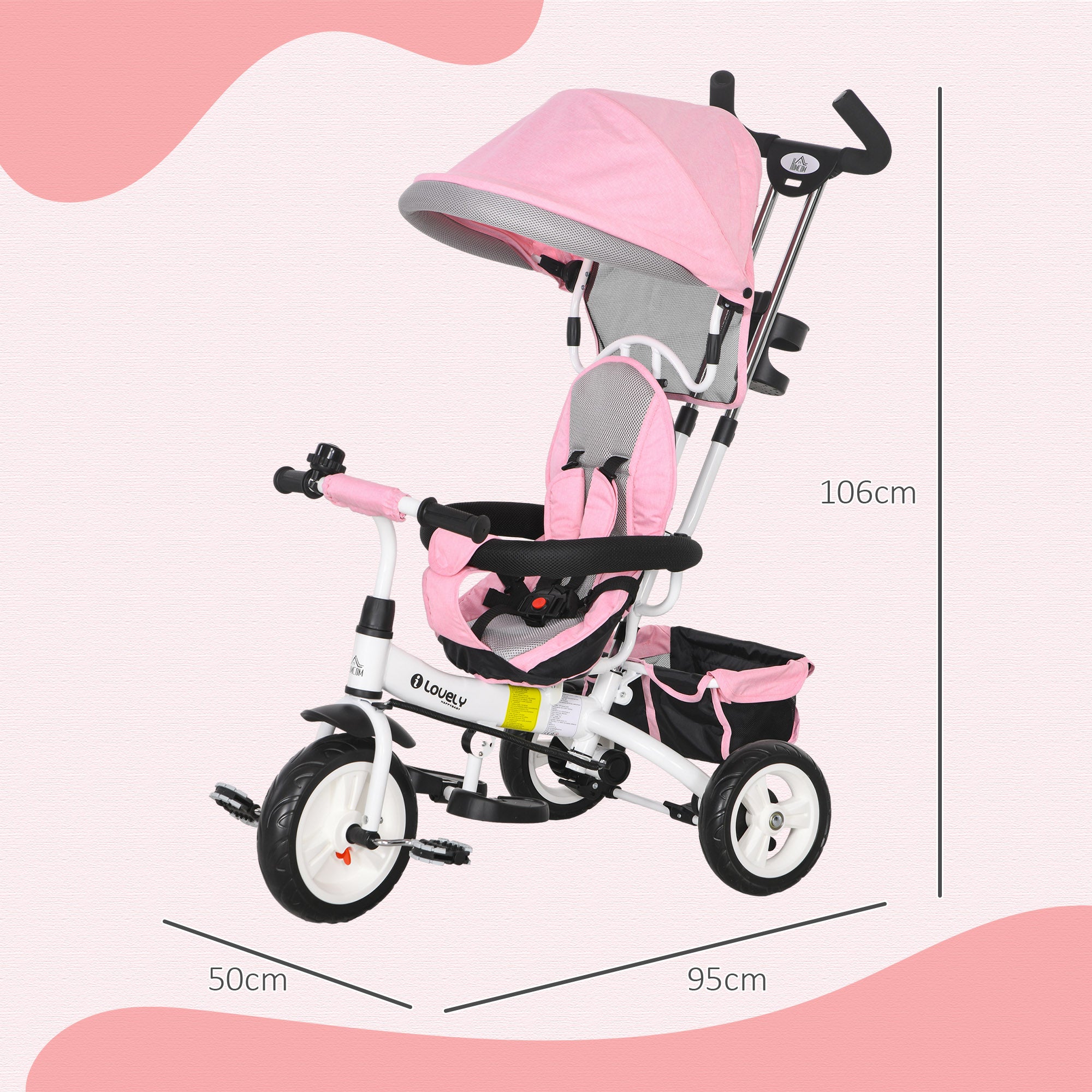 6 in 1 Kids Trike Push Bike w/ Push Handle, Canopy, 5-point Safety Belt, Storage, Footrest, Brake, for 1-5 Years, Pink