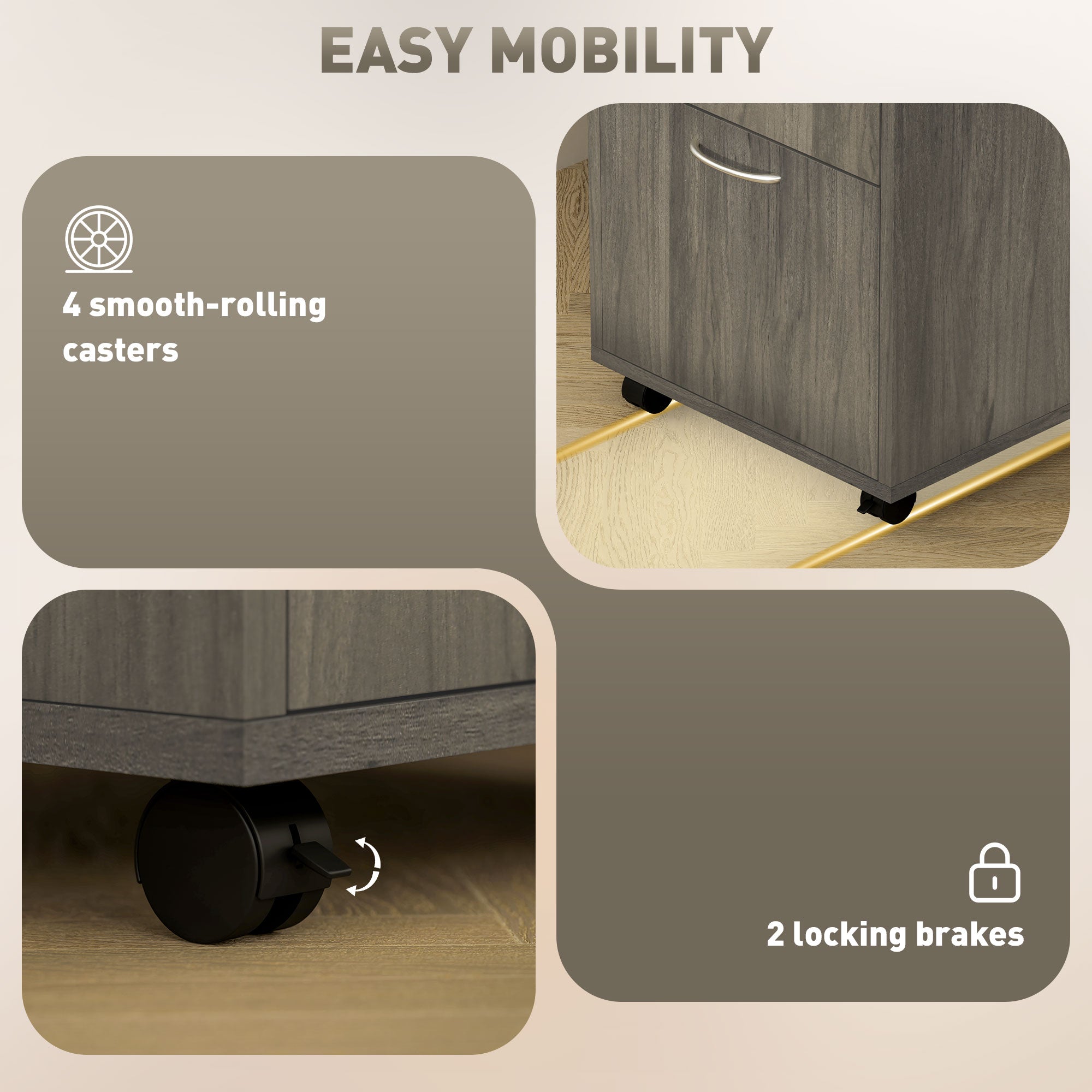 60cm Filing Cabinet with Drawer, Open Shelf, Metal Handles and 4 Wheels, Office Home Organiser Mobile Printer, Grey