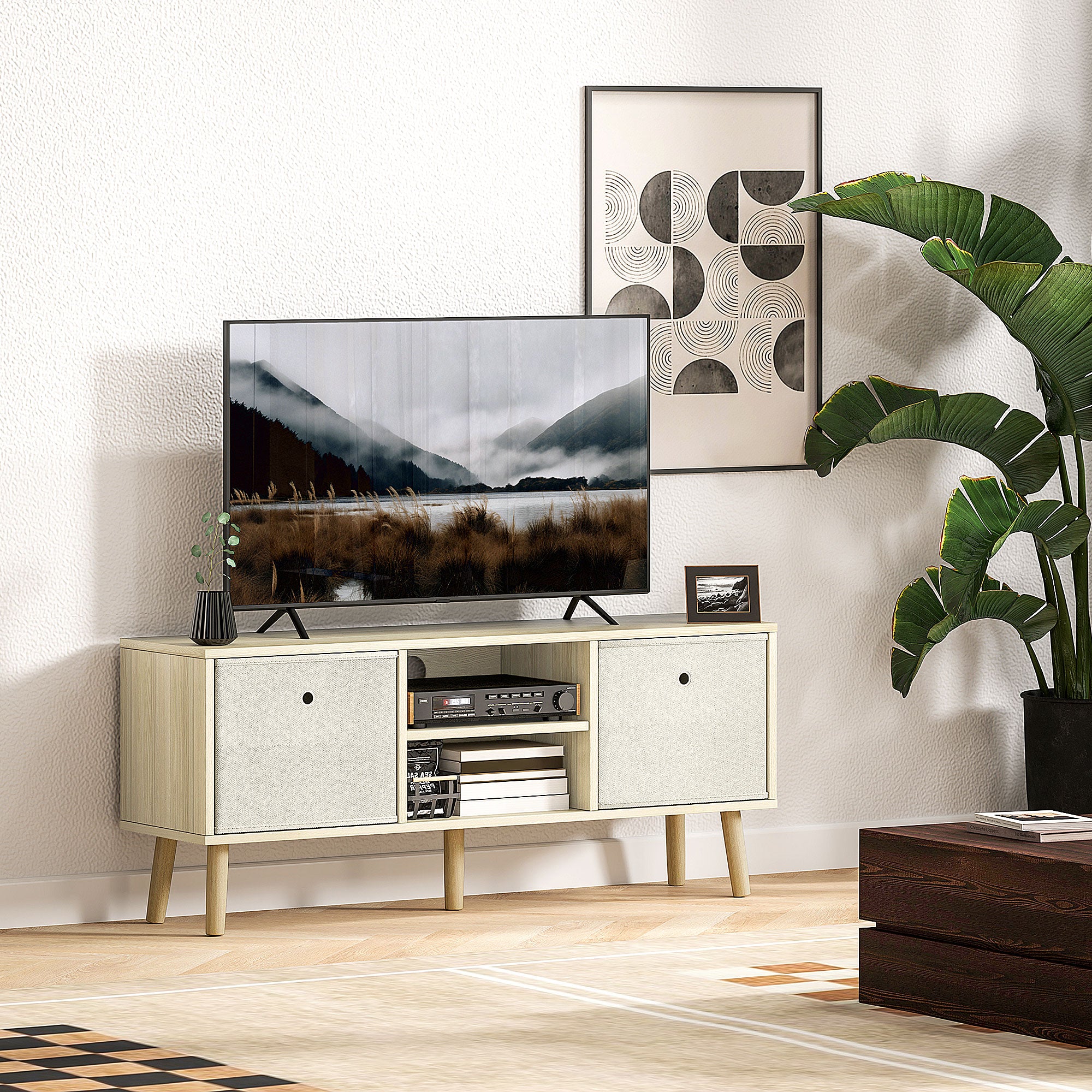 TV Cabinet Stand Unit for TVs up to 50'' with Foldable Drawers, Entertainment Centre for Living Room Natural