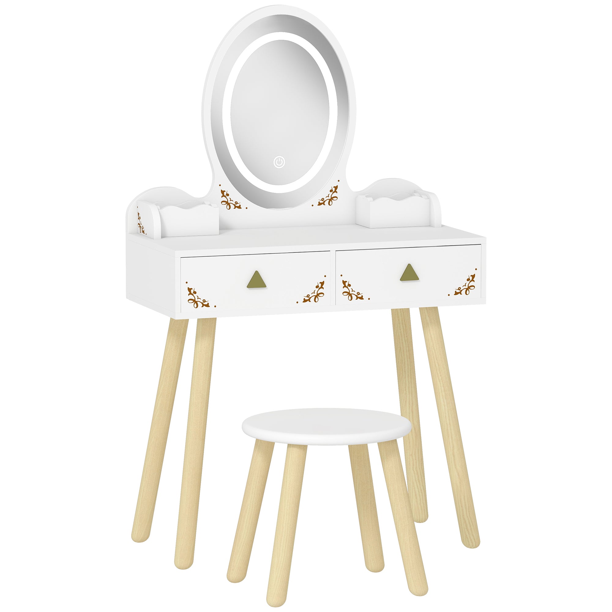 Kids Vanity Table and Chair Set with 3-Colour LED Lights Mirror, Drawer, Storage Boxes, for 3+ Years, White