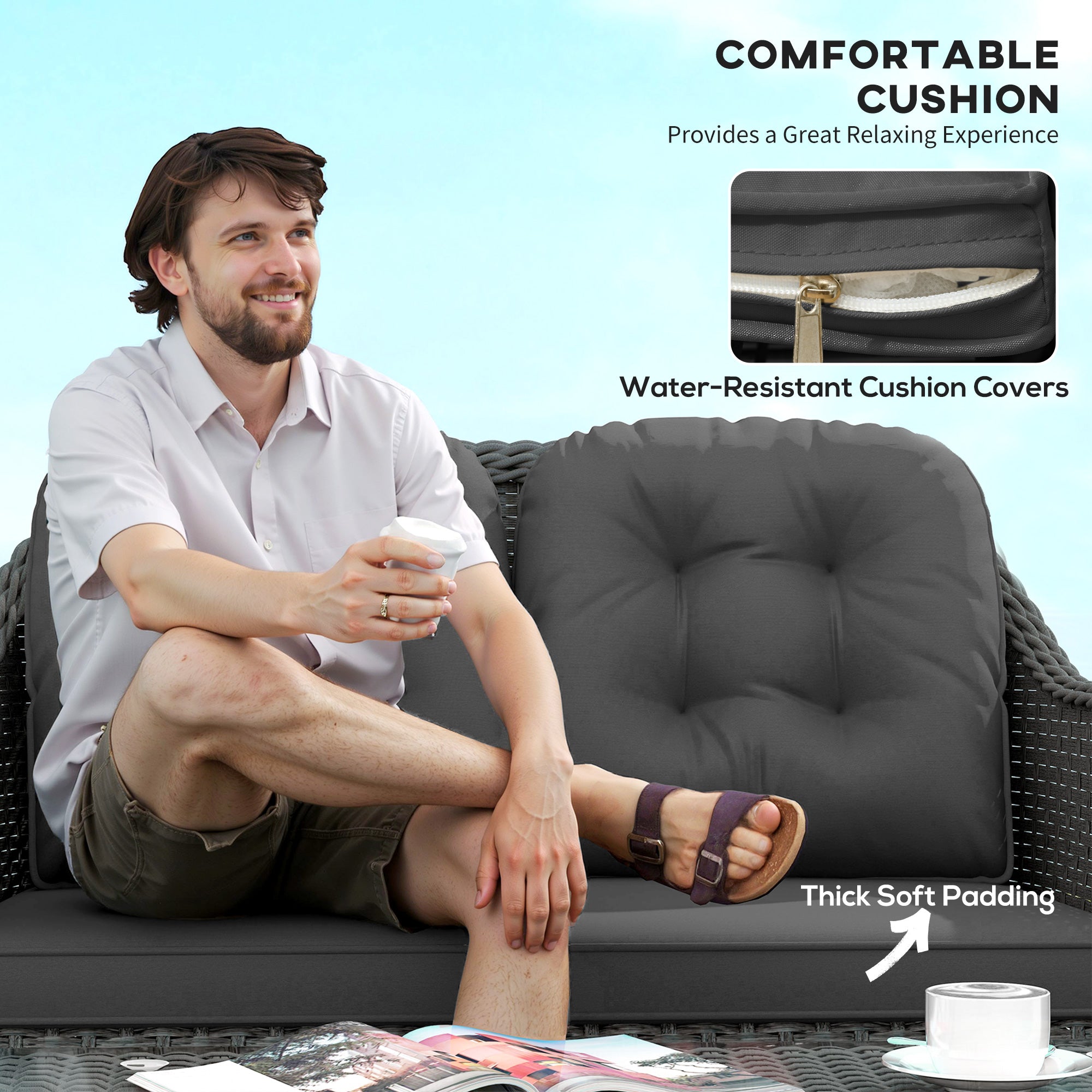 4 Piece Rattan Sofa Set with Aluminium Frame and Glass Table Light Grey