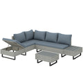 5 Seater Rattan Garden Furniture Set, L Shaped Garden Corner Sofa, Adjustable Back, Faux Wood Tables, Grey