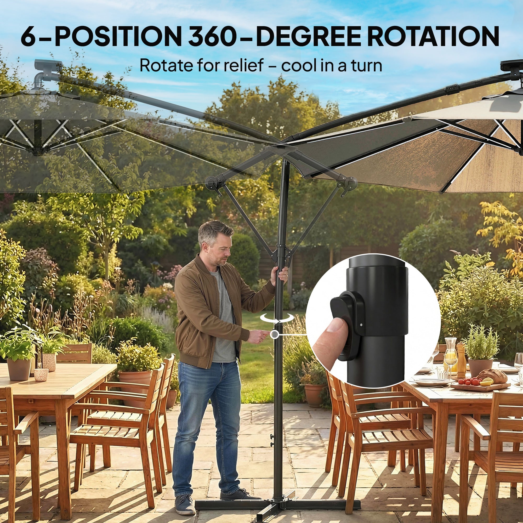 3 m Garden Cantilever Parasol with LED Solar Light, Round Overhanging Umbrella with 360° Rotation, Cover, Grey