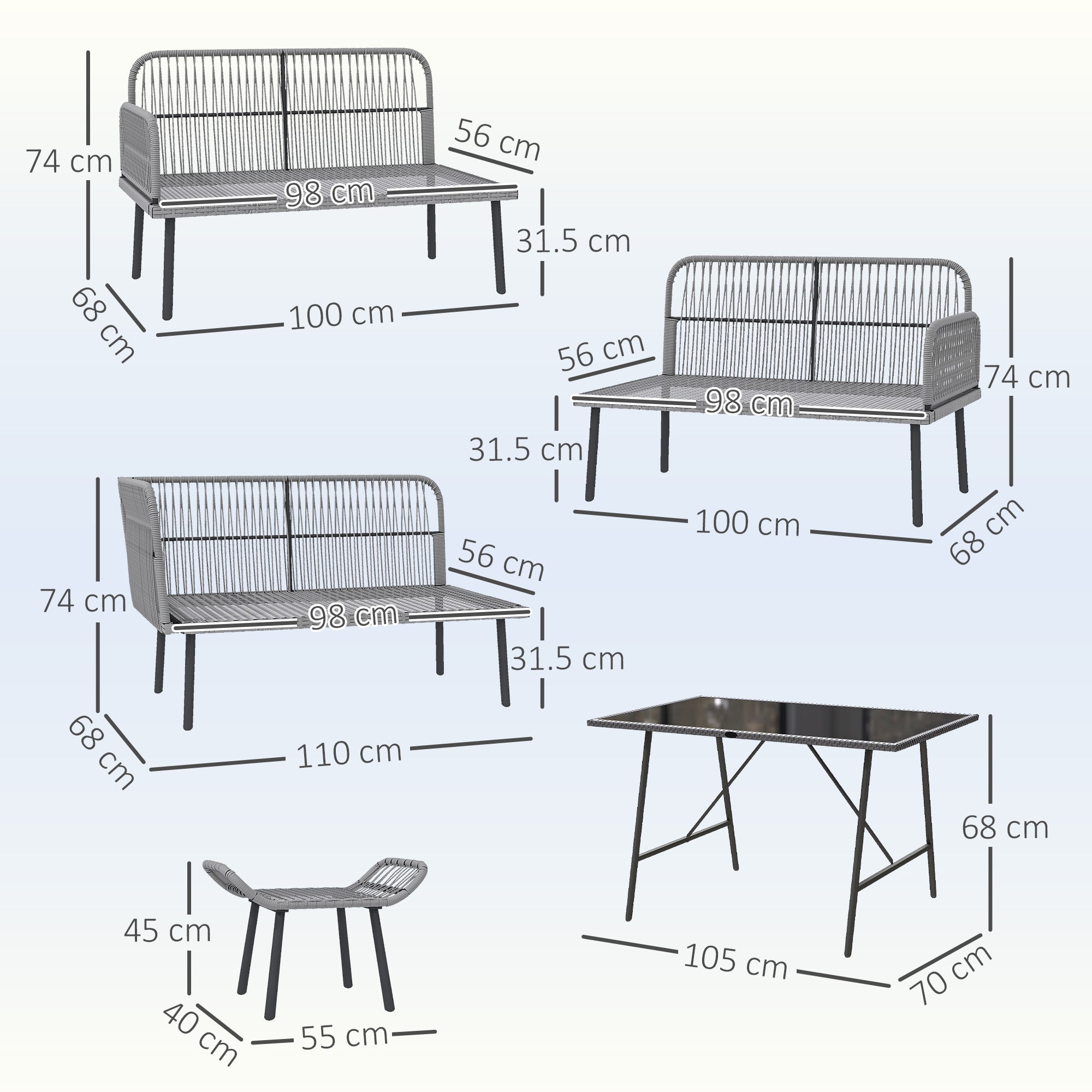 6 Piece Rattan Garden Furniture Set, 8 Seater Garden Corner Sofa with Cushions and Glass Top Table, Sectional Outdoor Furniture Conservatory Set for Patio, Charcoal Grey