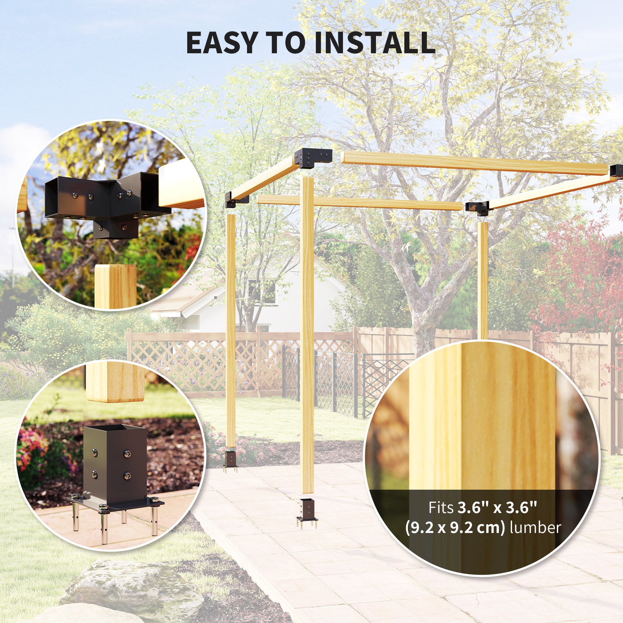 Pergola Kit, DIY Pergola Brackets with 3-Way Pergola Corner Brackets and Post Base for 4" x 4" (Actual 3.6" x 3.6") Lumber, 8 PCS Includes Screws