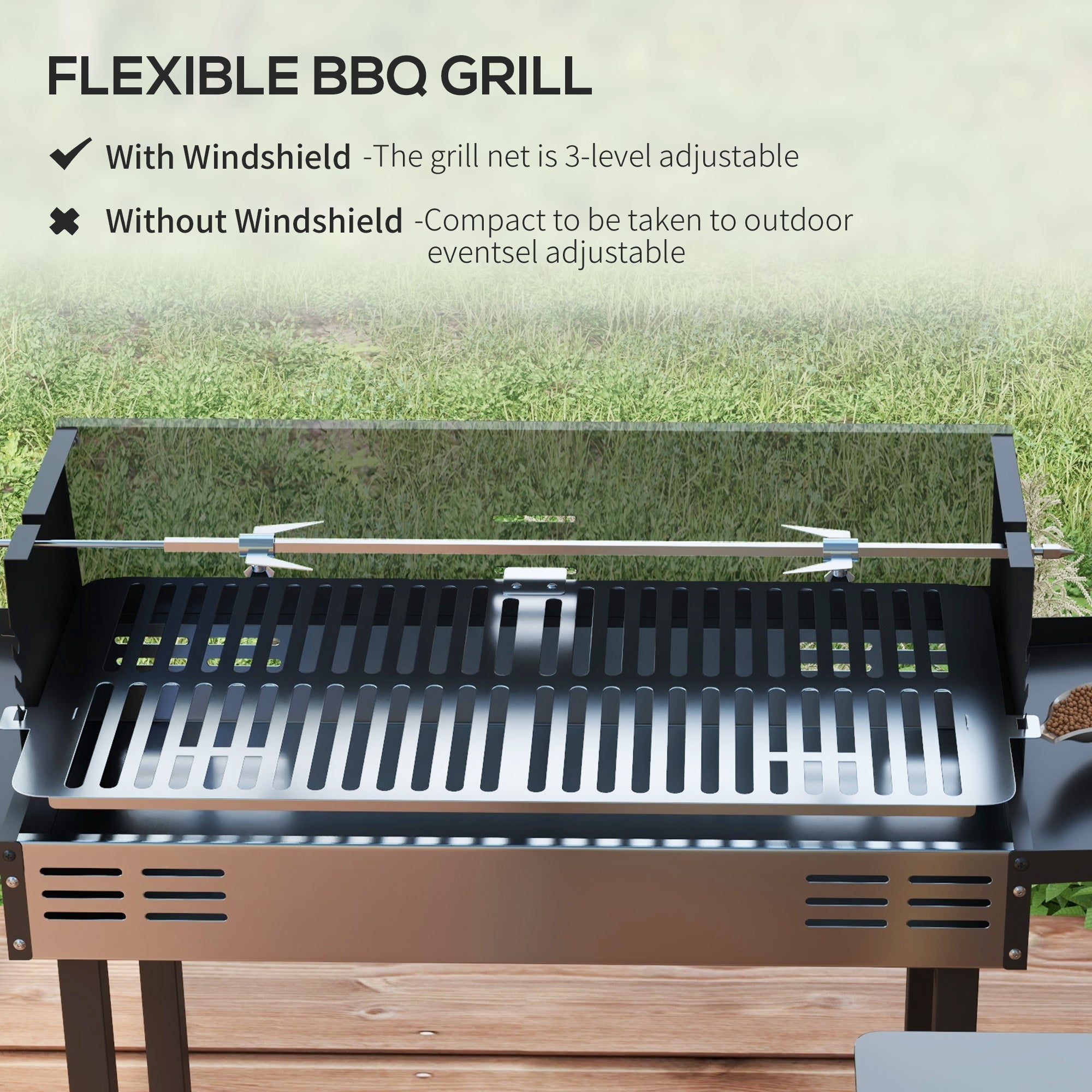 BBQ Rotisserie Grill Roaster Charcoal Spit Roasting Machine for Chicken Turkey with 3-Level Grill Grate, Side Shelves