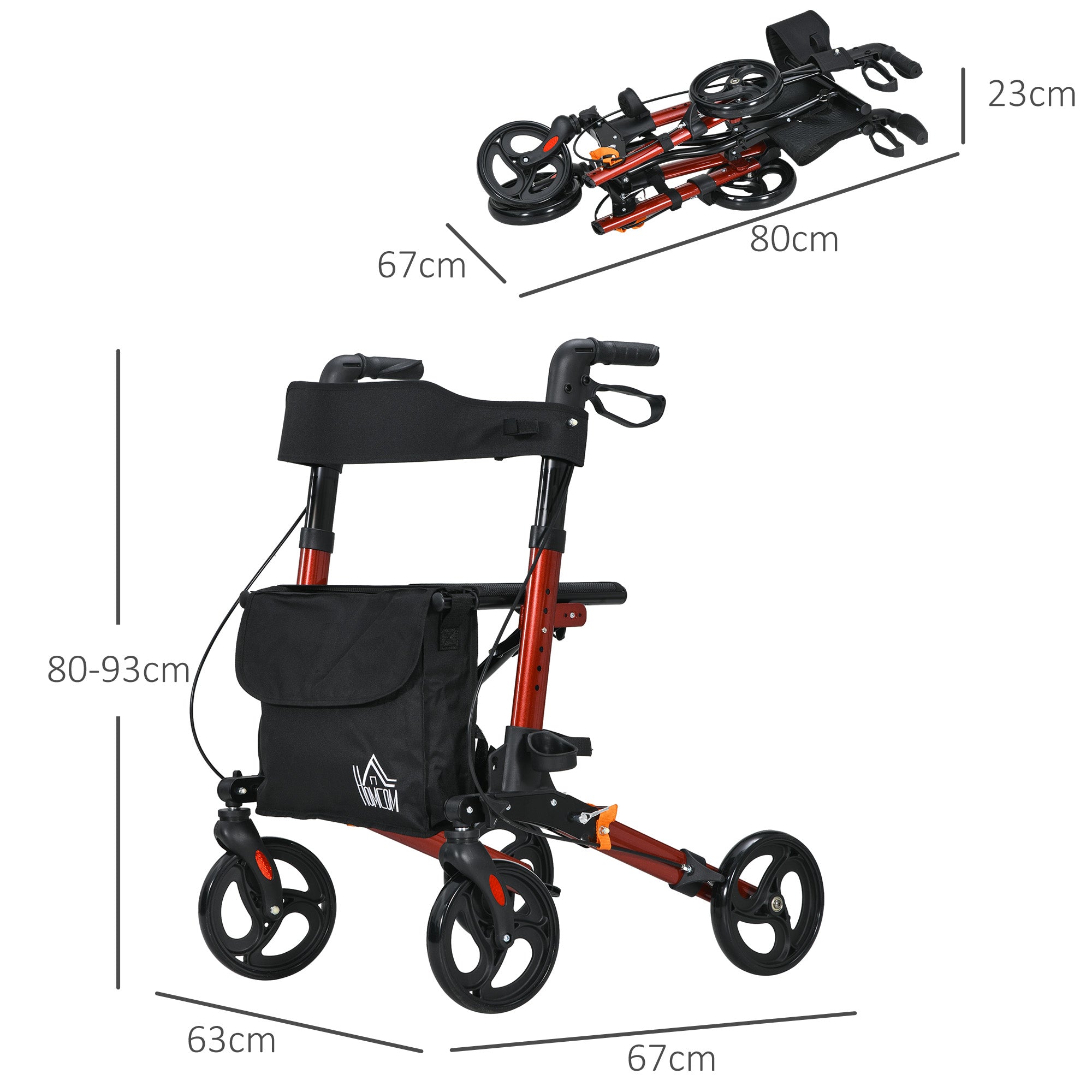 4 Wheel Rollator with Seat and Back, Folding Mobility Walker with Carry Bag, Adjustable Height, Dual Brakes, Cane Holder, Lightweight Aluminium Walking Frame for Seniors and Disabled, Red