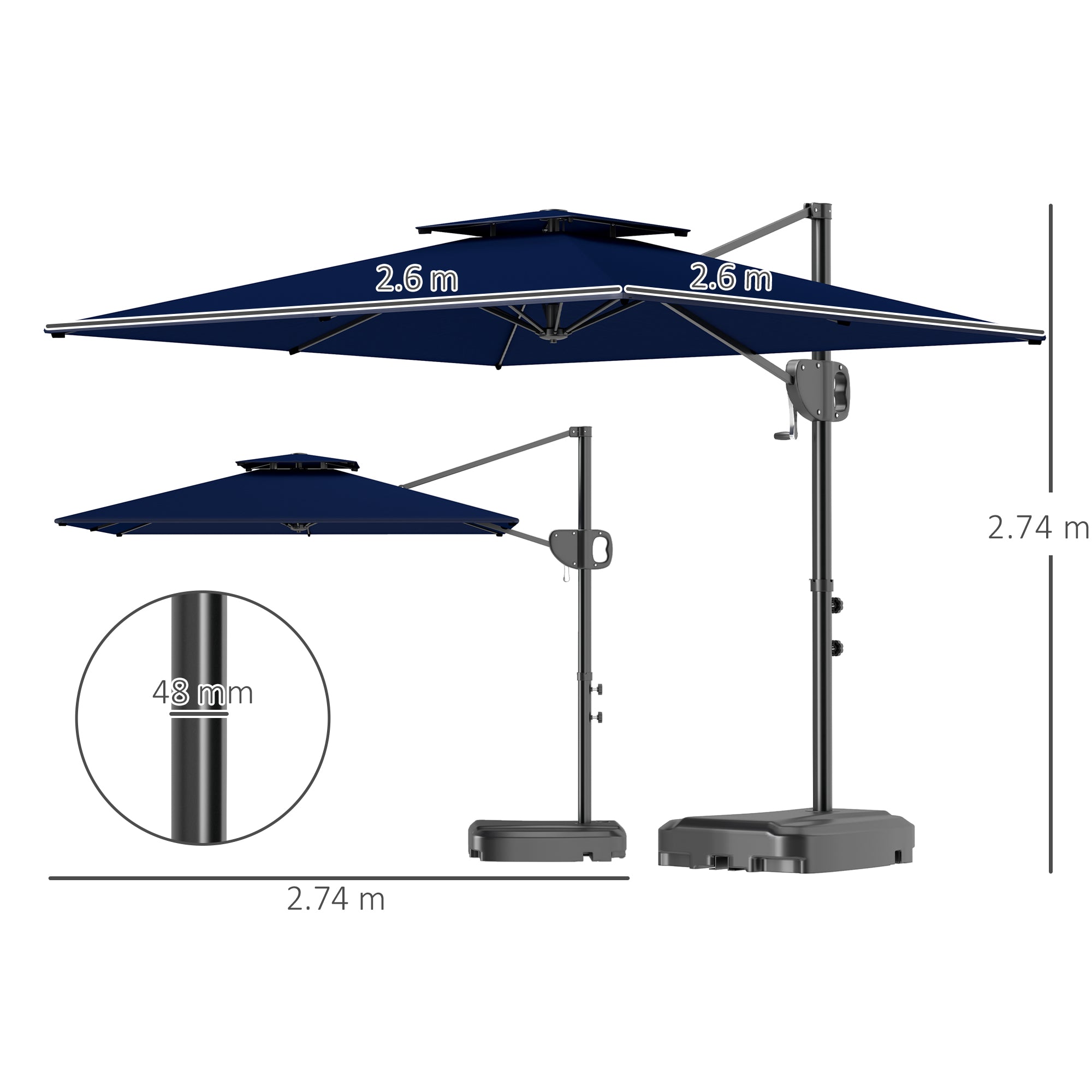 Cantilever Parasol with Weighted Base Double Top Garden Parasol Square Hanging Patio Umbrella with Crank Tilt Dark Blue