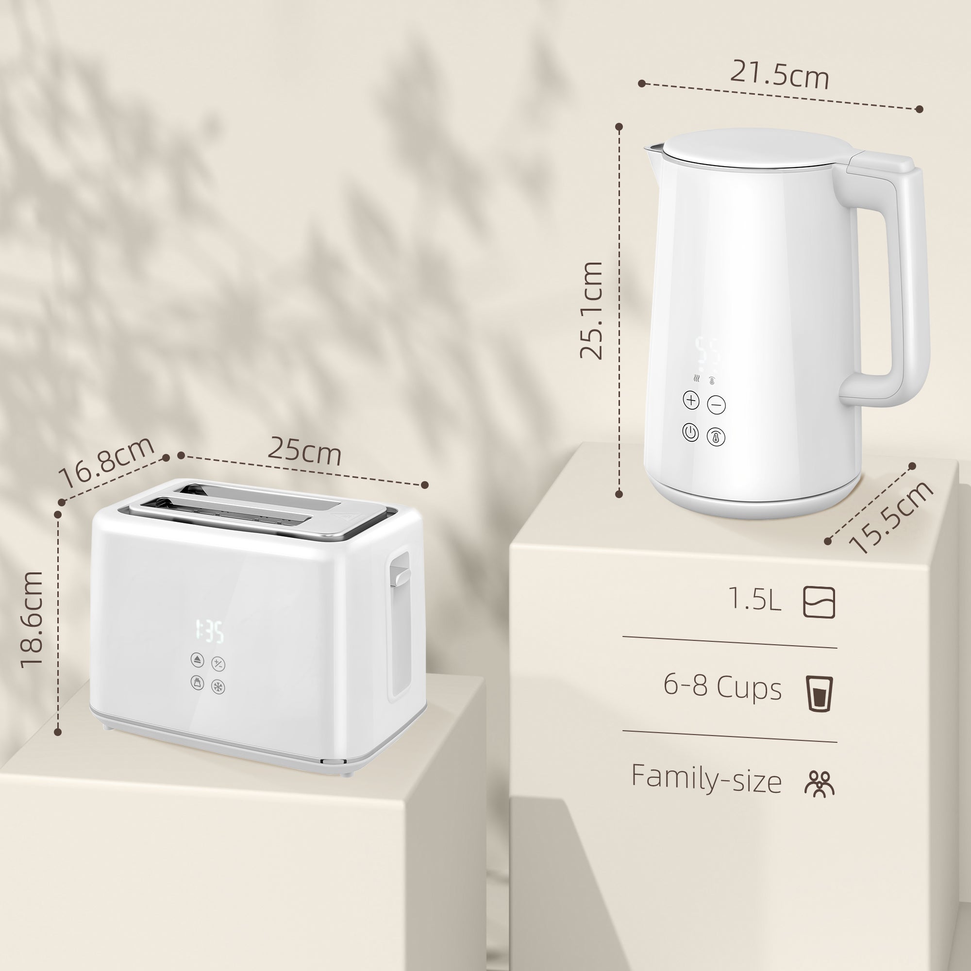 Kettle and Toaster Set, 1.5L 3000W Fast Boil Kettle with Insulation & 2 Slice Toaster Kitchen Set with 7 Level Browning Controls, Defrost, Reheat and Crumb Tray, Cream White