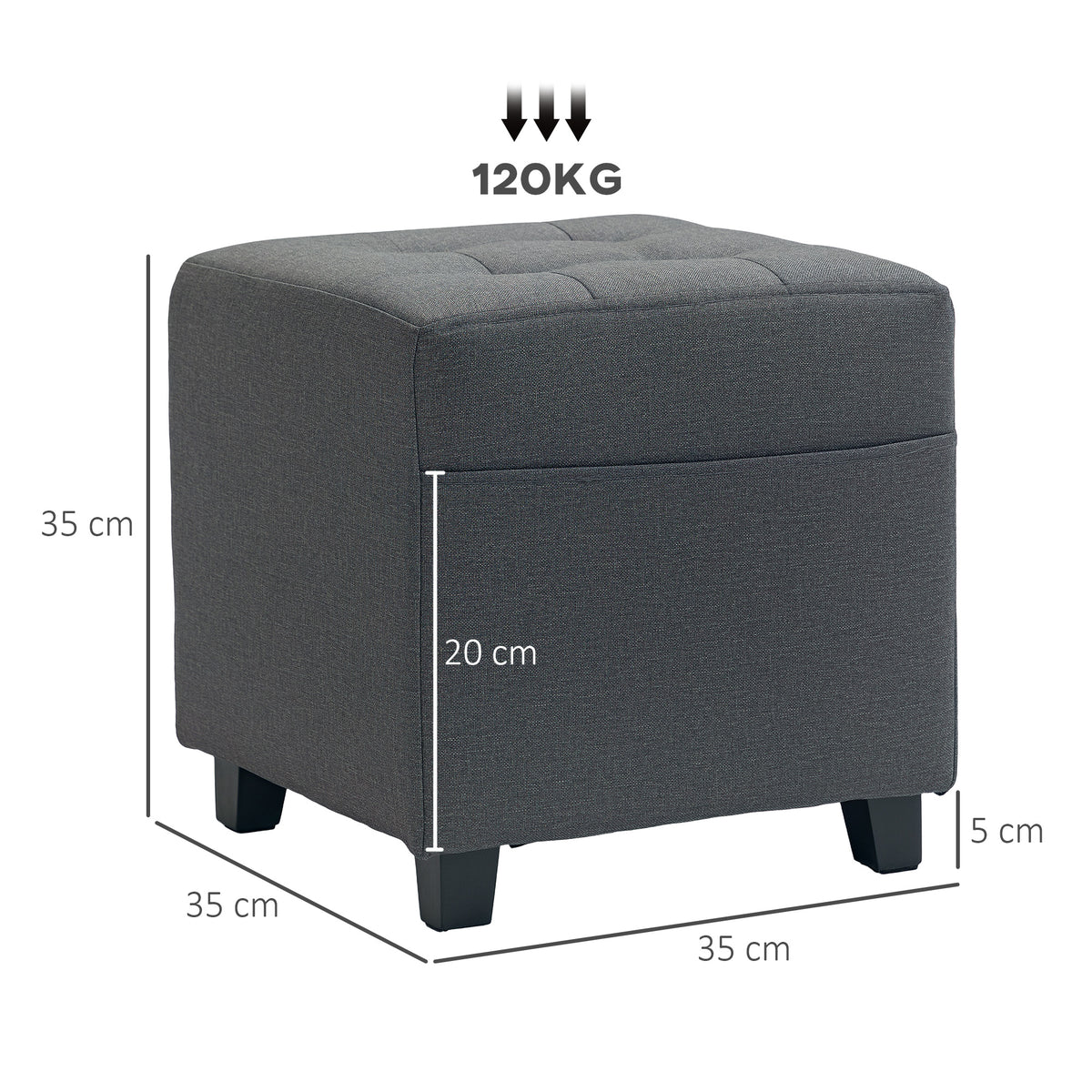 Square Small Ottoman Footstool with Side Pocket, Padded Linen Seat, Rubber Wood Legs, 35x35x35cm - Grey