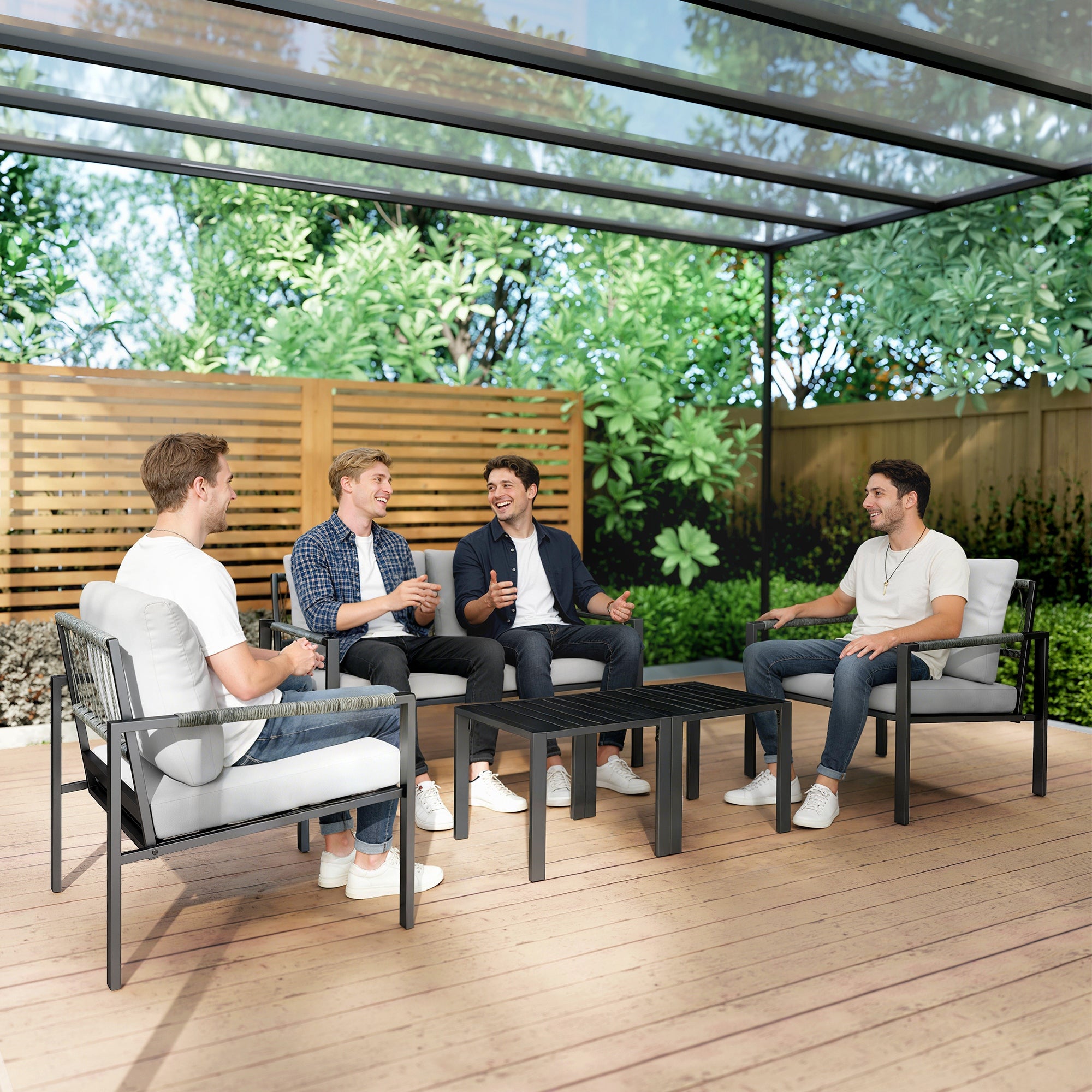 5 Piece Metal Garden Furniture Sofa Set with Thickened Cushions, Loveseat, 2 Armchairs, 2 Coffee Tables, Light Grey