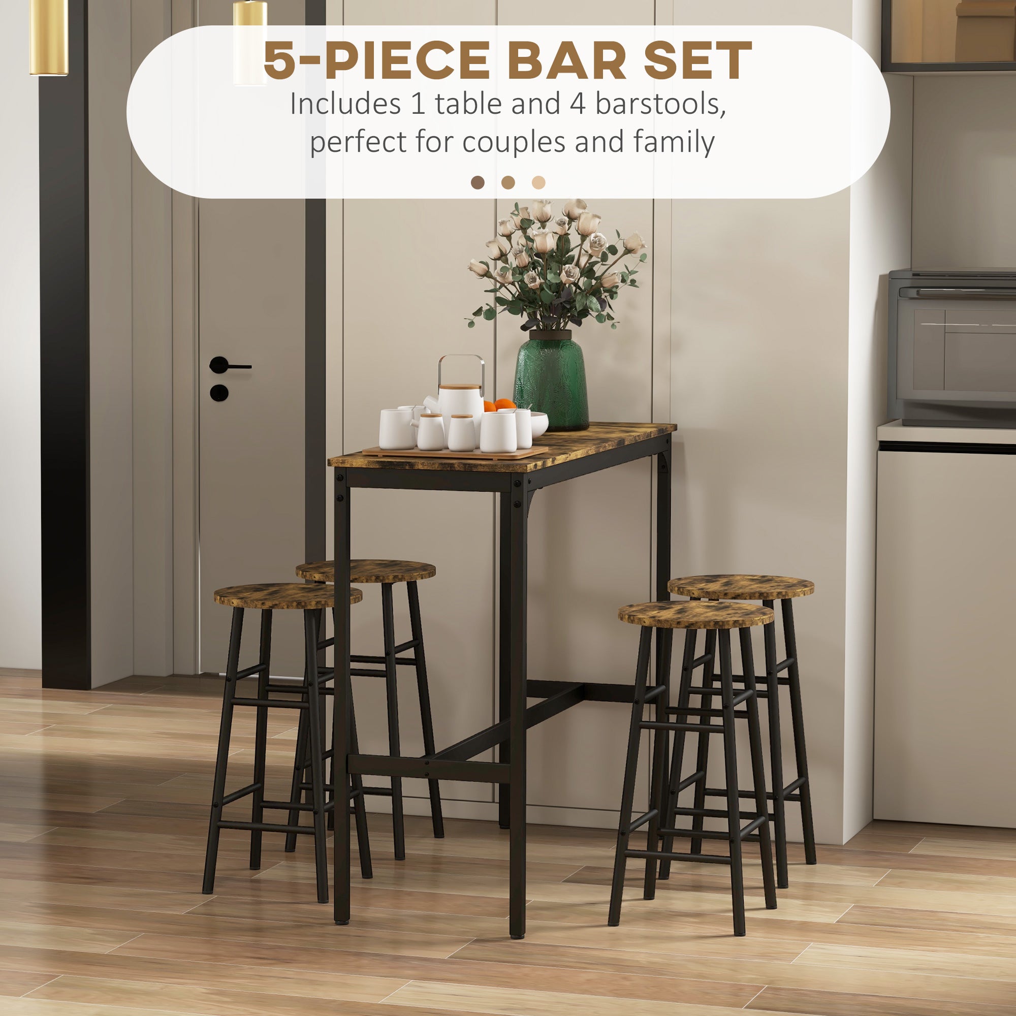 5 Piece Industrial Bar Table and 4 Stool Set - Rustic Brown