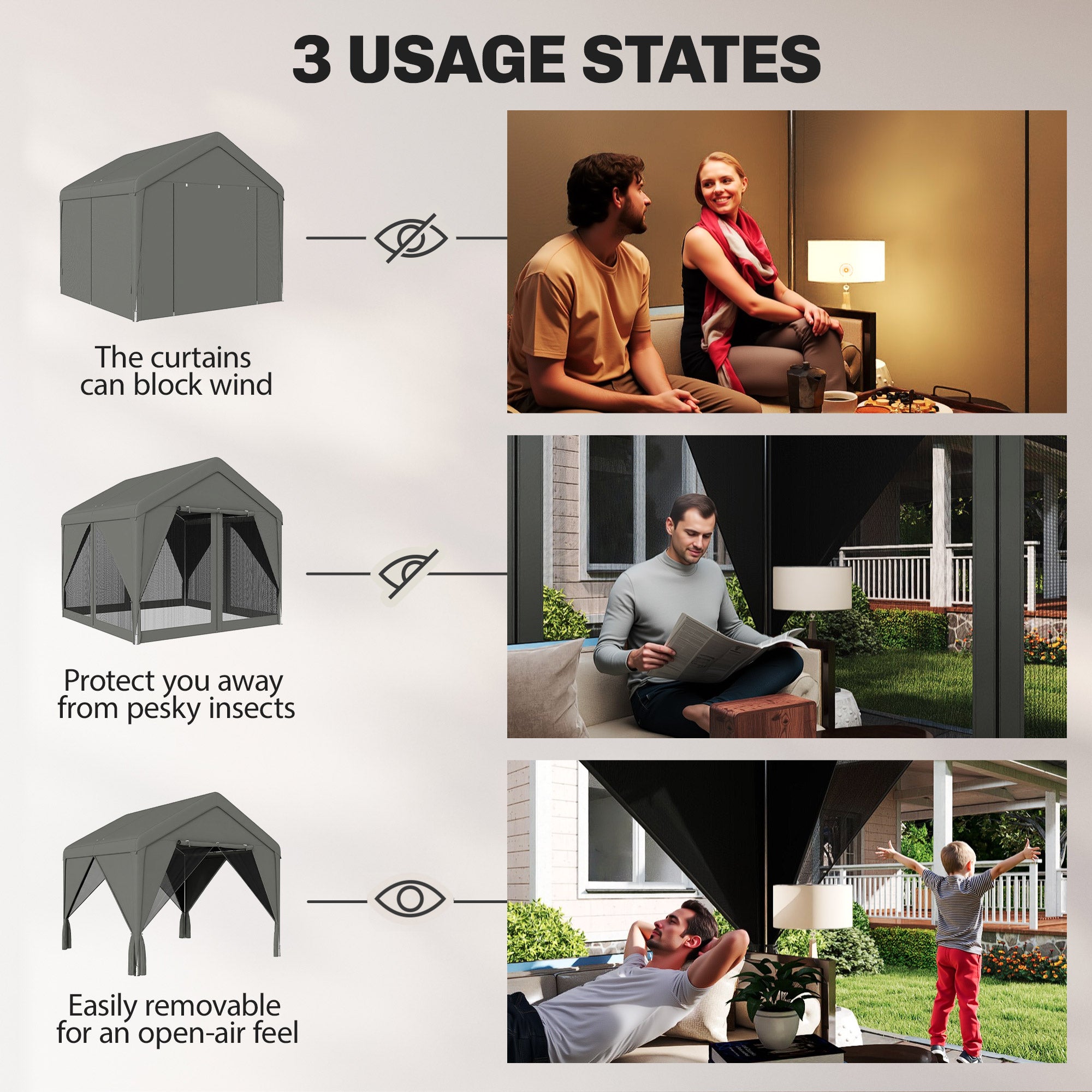 3 x 3 m Patio Gazebo with Netting & Curtains, Outdoor Canopy Shelter with Galvanised Steel Frame, Dark Grey