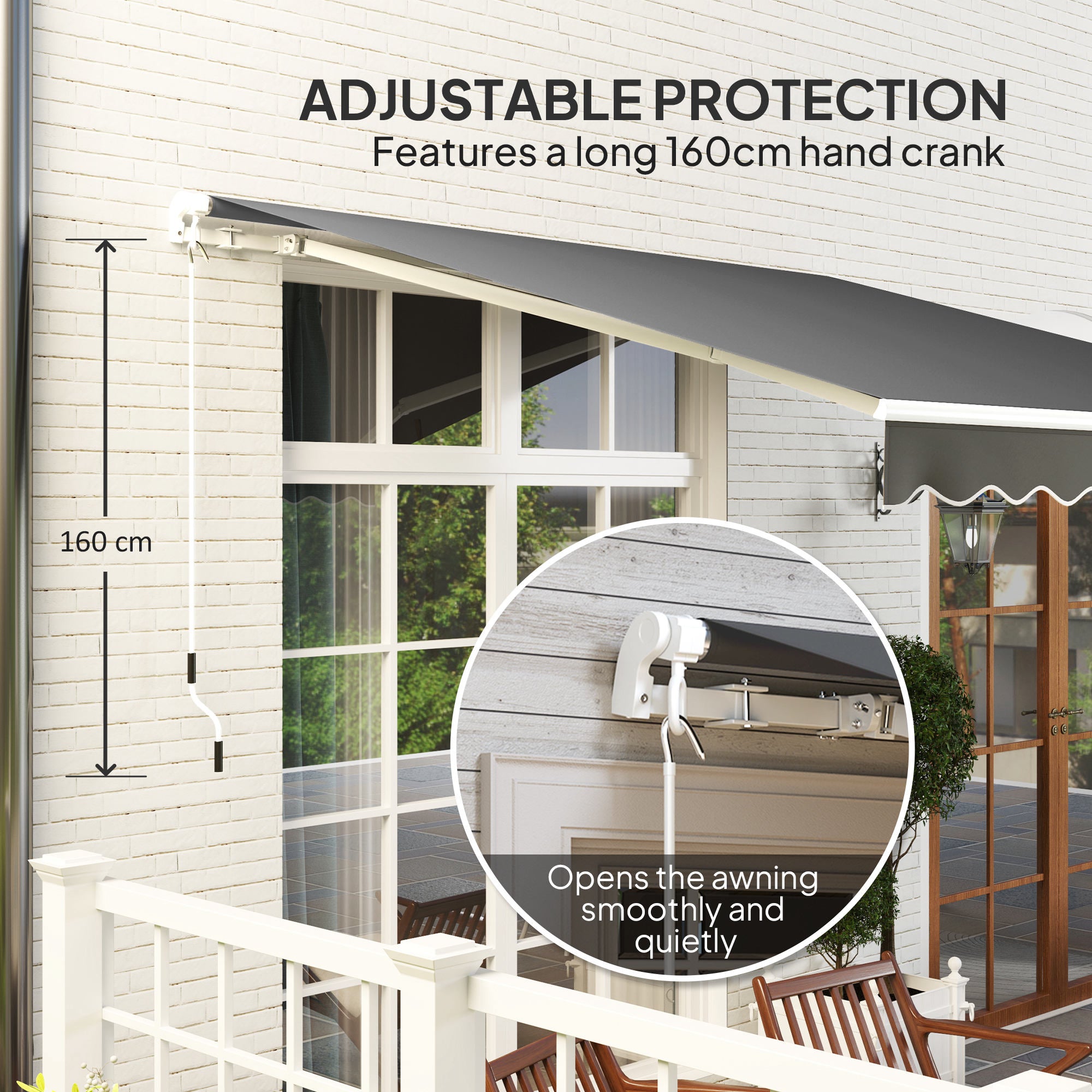 3 x 2.5m Manual Retractable Garden Patio Awning with Crank Handle and Fittings - Dark Grey