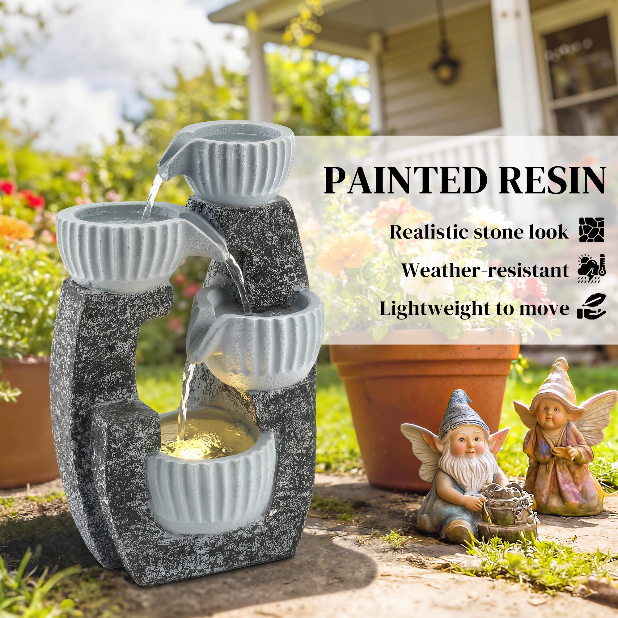 4-Tier Bowl Water Feature, Indoor Outdoor Garden Water Fountain with Pump and LED Lights, Resin Cascading Waterfall