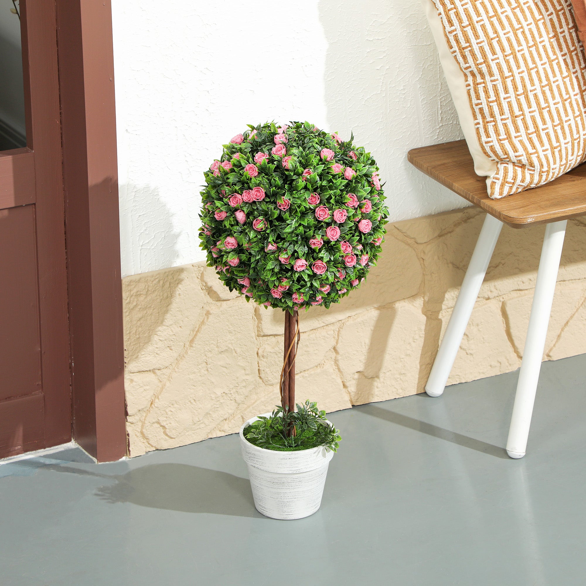 Set of 2 Decorative 60cm Ball Topiary Rose Artificial Plants in Pots - Pink