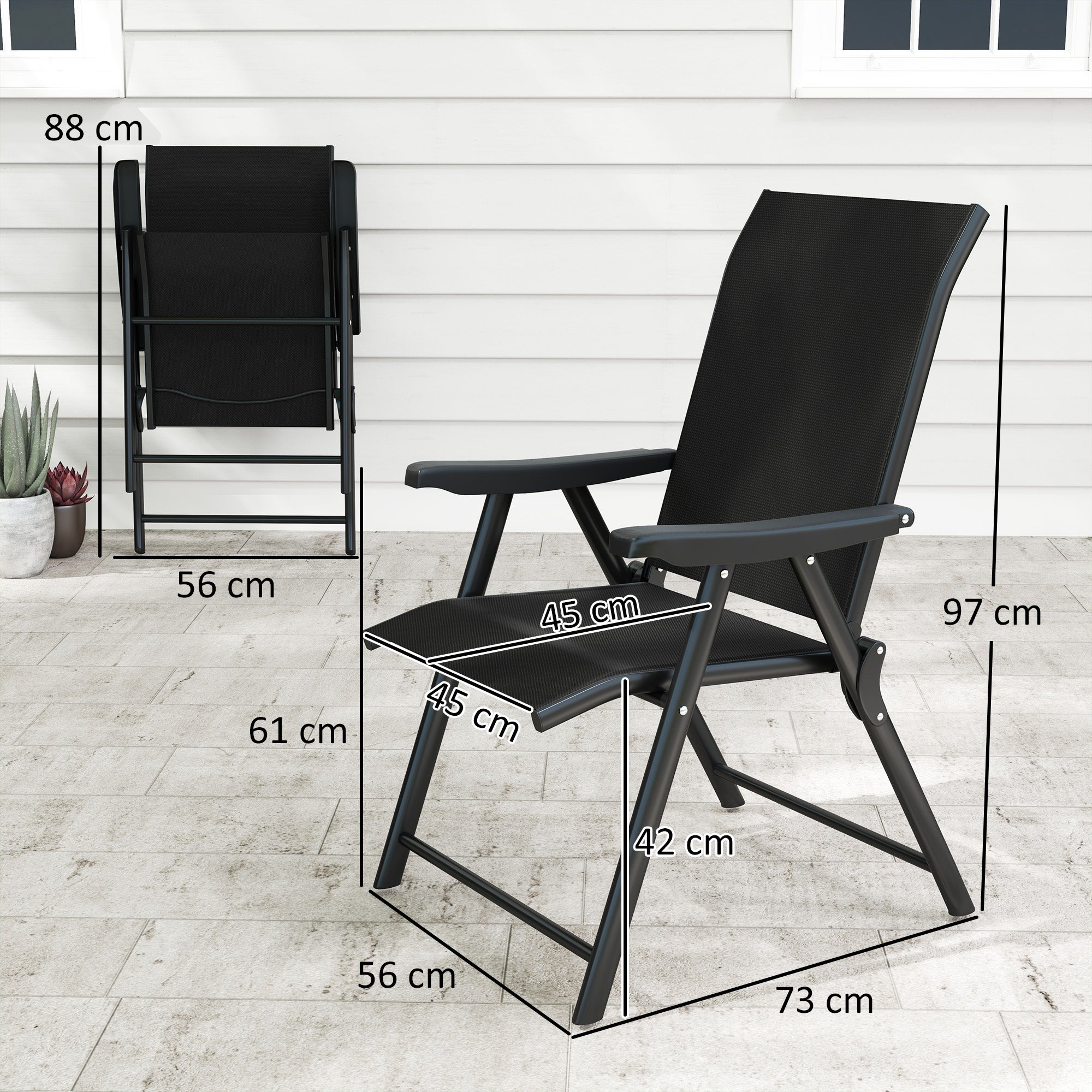 Set of 2 Folding Outdoor Chairs with Breathable Mesh Seats and Armrests - Black