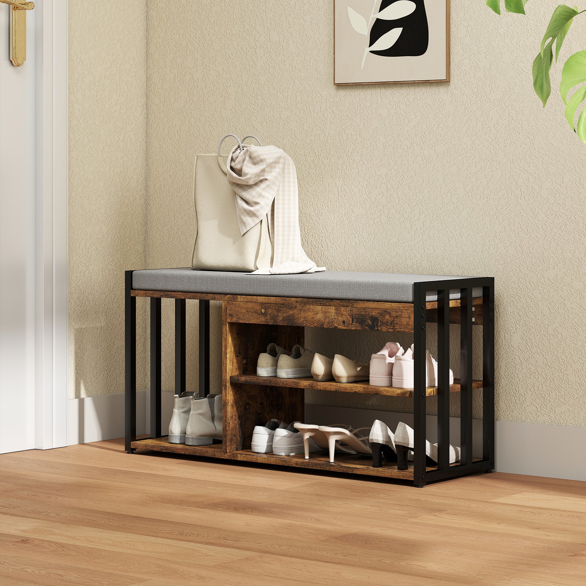 Shoe Storage with Seat, Upholstered Entryway Bench, Shoe Bench with 3 Open Shelves for Hallway, Rustic Brown