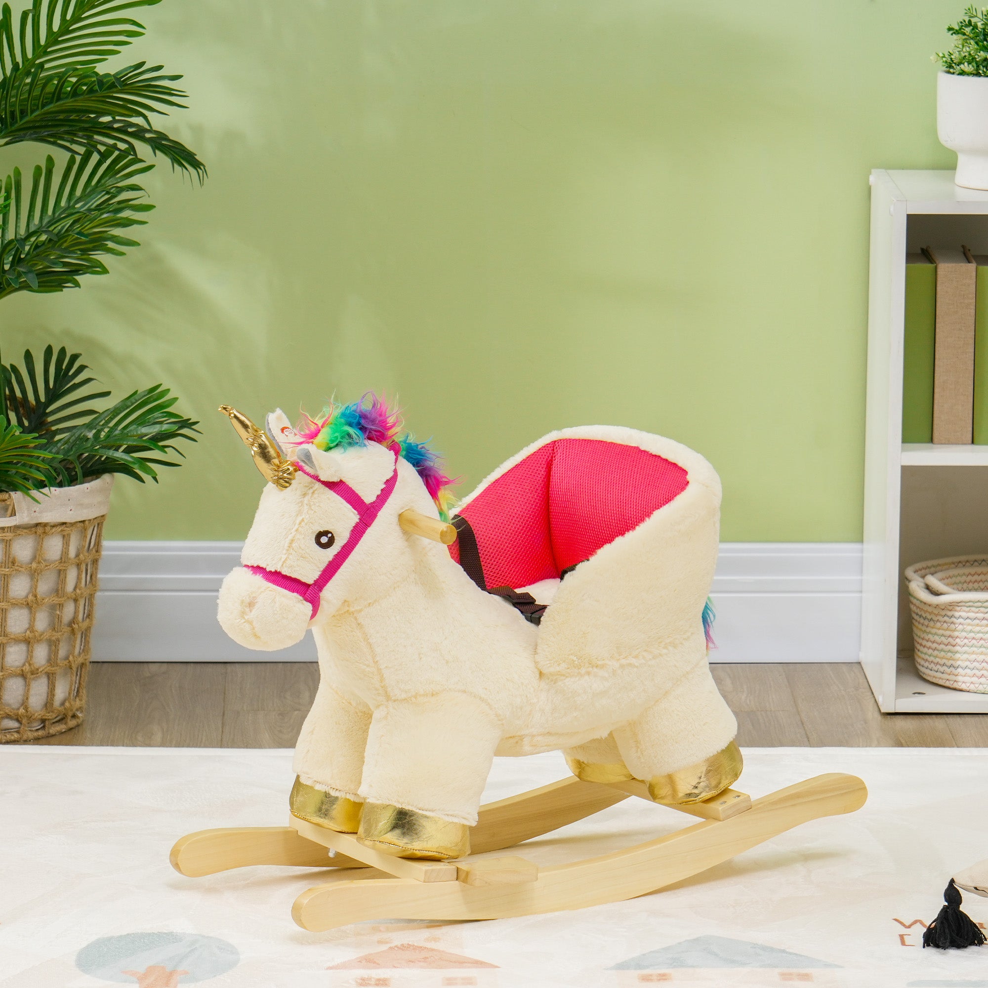 Kids Rocking Horse with Realistic Sound, Safety Belt, Wooden Base, for Toddlers 18-36 Months
