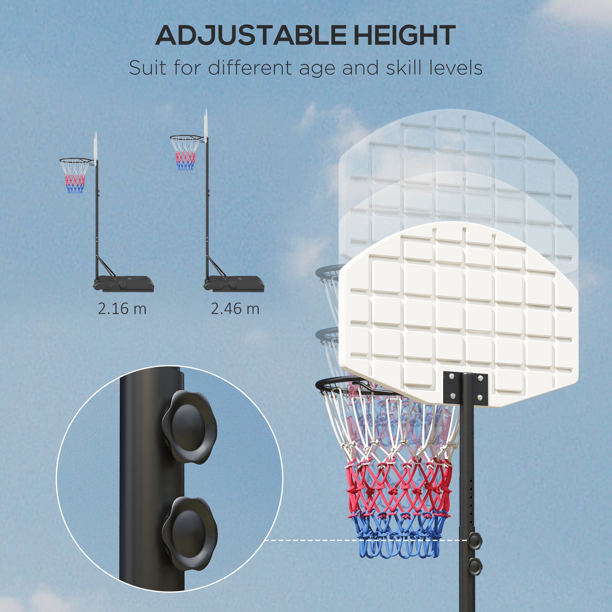 Adjustable Basketball Stand Net System, with Wheels, Enlarged Base, PE, Backboard, 179-209cm