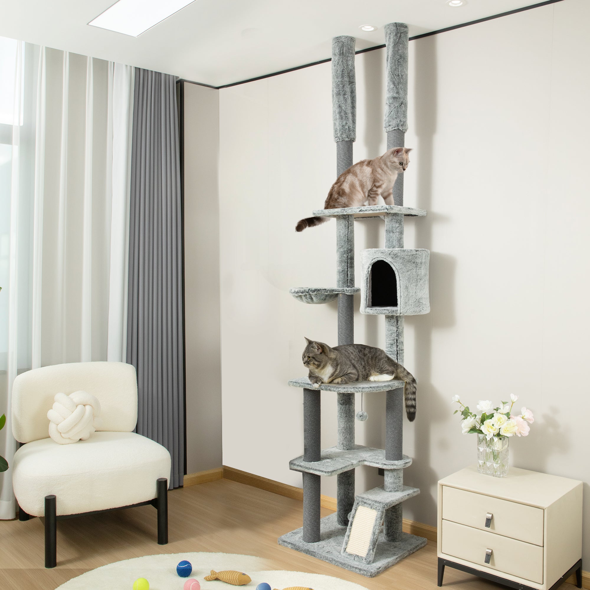 225-255cm Height Floor-to-Ceiling Cat Tree Large Cat Tower w/ Cat Scratching Posts, Ramp, Condo