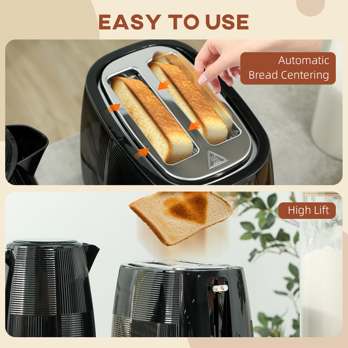 1.7L 3000W Fast Boil Kettle & 2-Slice Toaster Set with 7 Browning Levels, Defrost & Reheat - Black