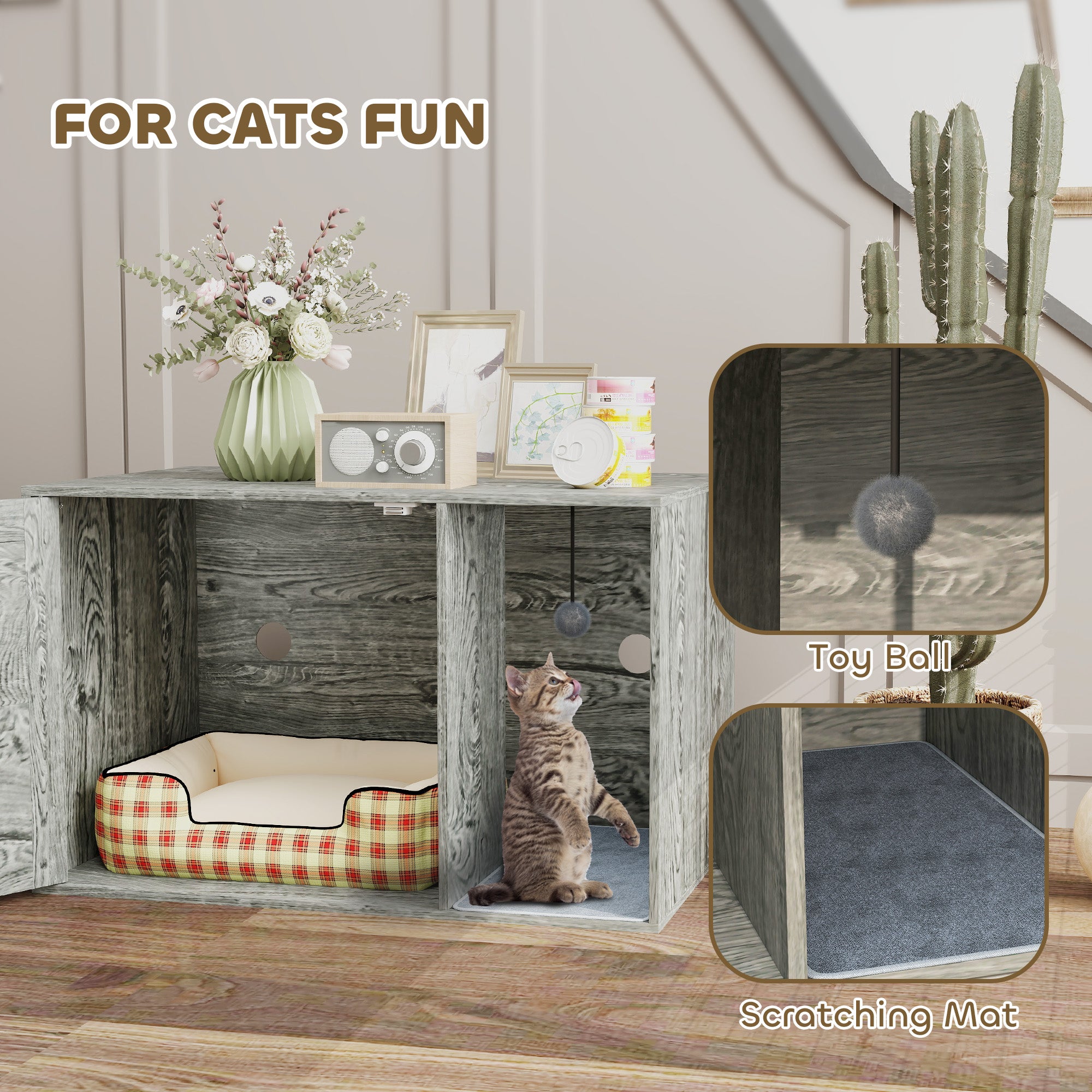 Boho Style Cat Litter Box Enclosure with Rattan Door, Scratching Mat, Toy Ball, Non-slip Foot Pads, 80 x 50 x 50cm, Grey