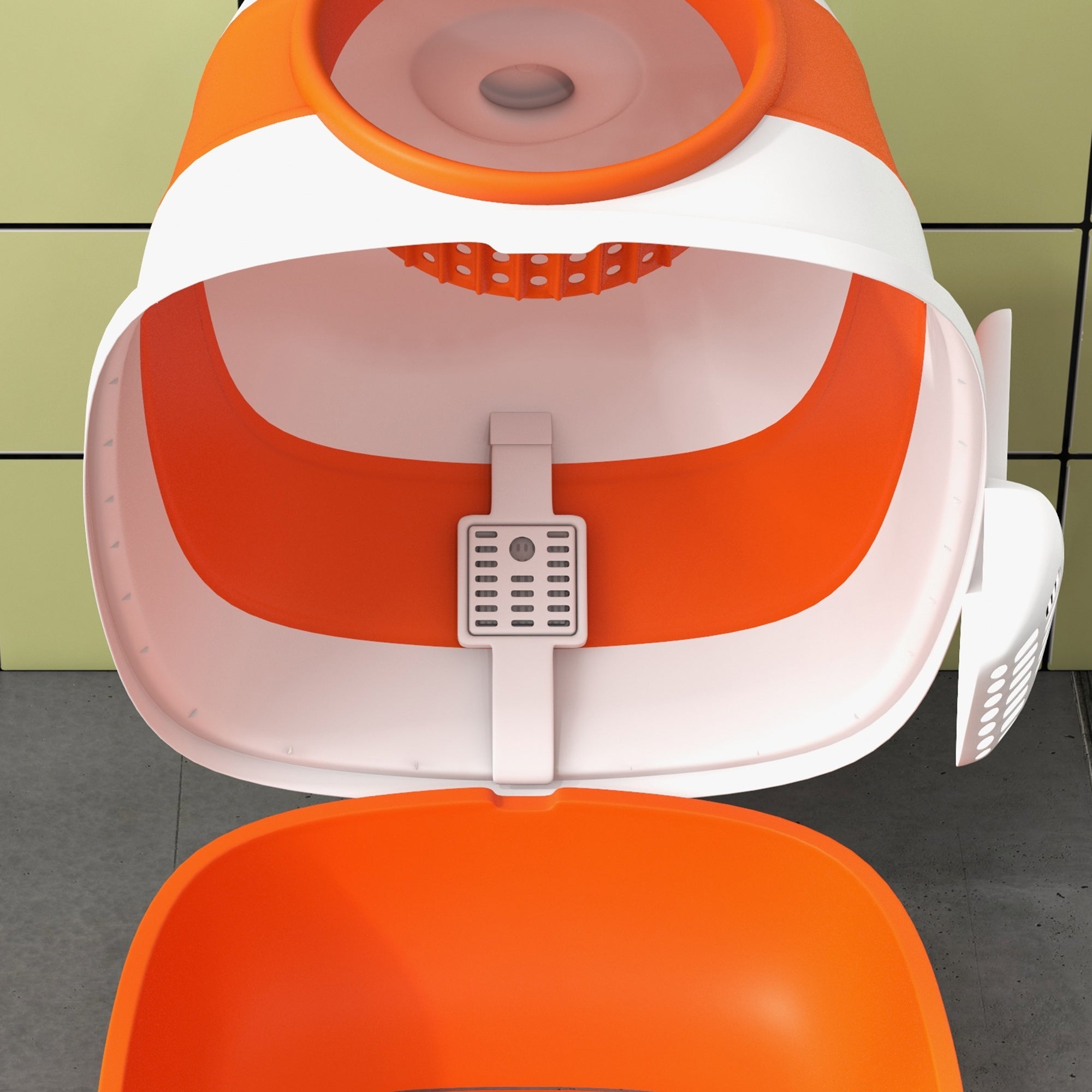 Foldable Cat Litter Tray with Lid, Deodorant, Scoop, Orange