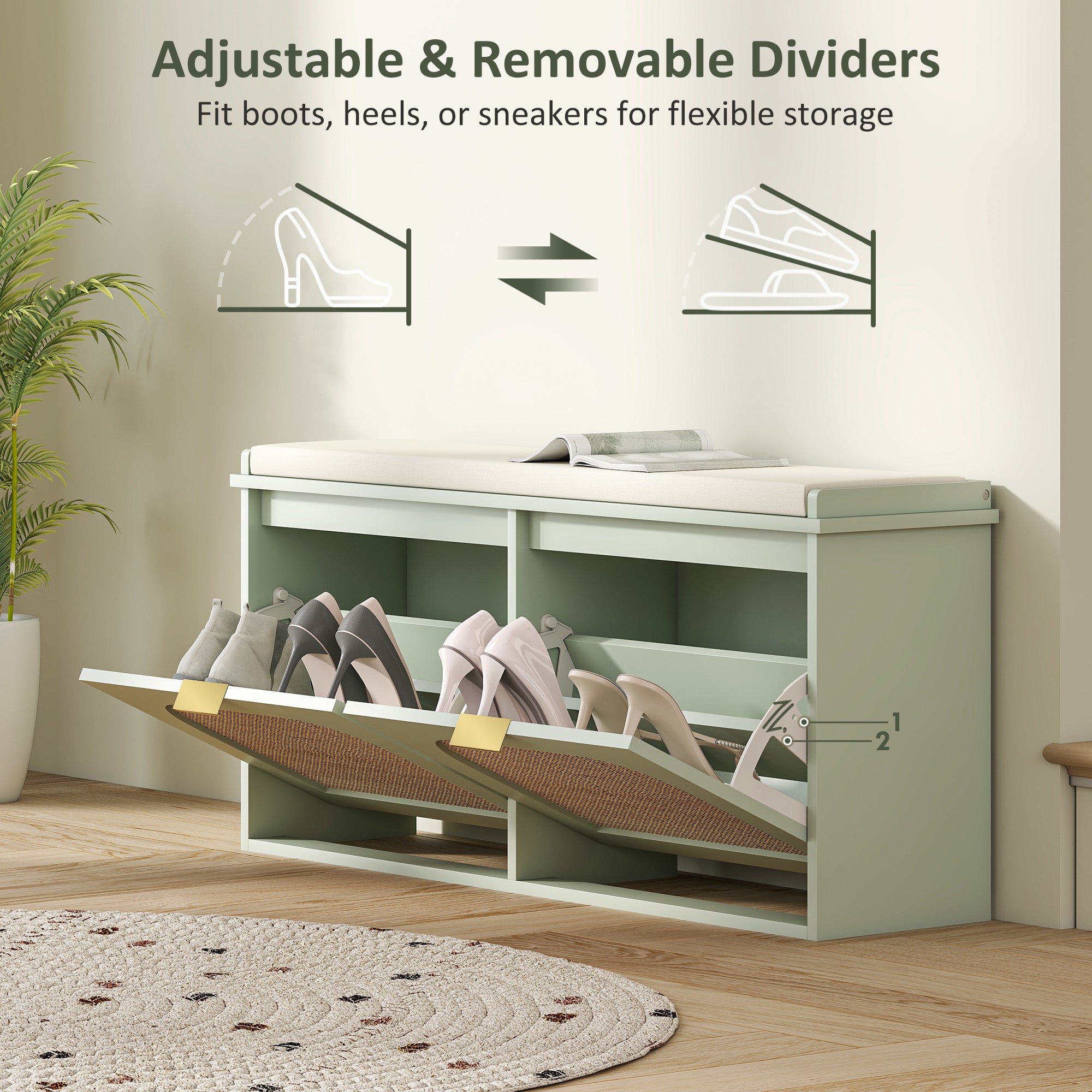 Boho Shoe Bench with Padded Seat and 2 Flip-Drawers - Light Green