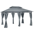 4m x 3m Garden Gazebo Double Roof Canopy with Curtains Solid Steel Frame - Grey