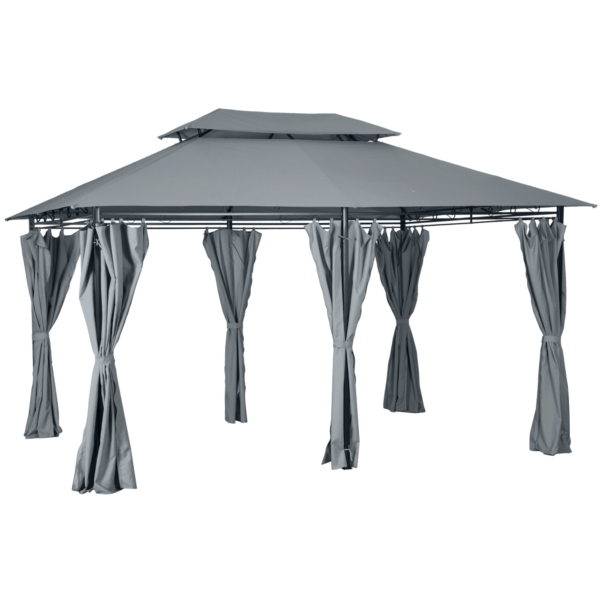 4m x 3(m)Garden Gazebo, Double Roof Outdoor Gazebo Canopy Shelter with Curtains, Solid Steel Frame for Lawn and Deck, Grey